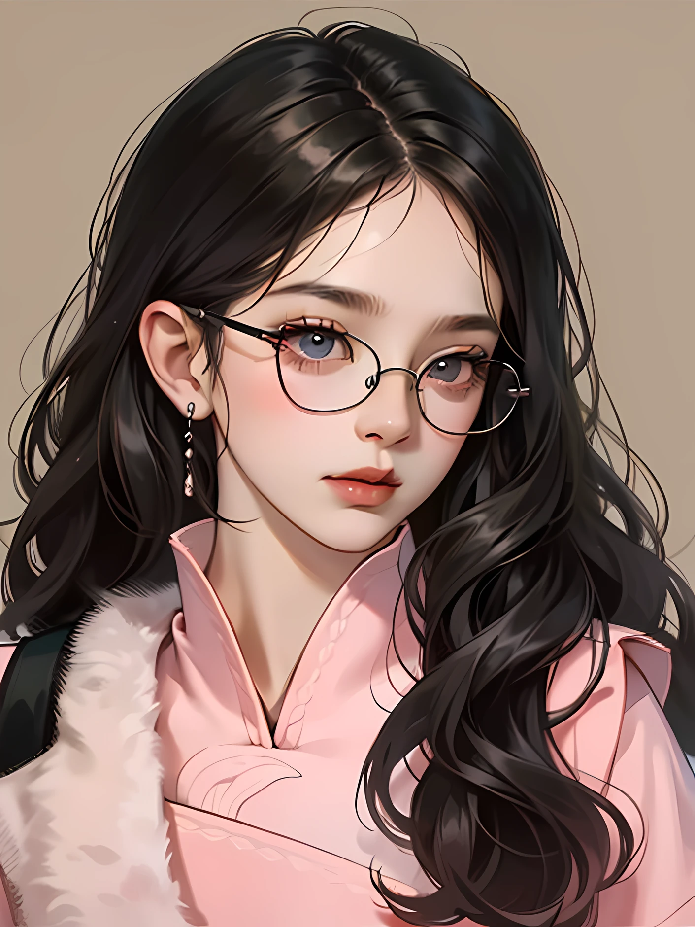 masterpiece, best quality, 1woman, black wavy hair, white and pink modern top, finely detailed eyes and detailed face, detailed, eyeglasses.