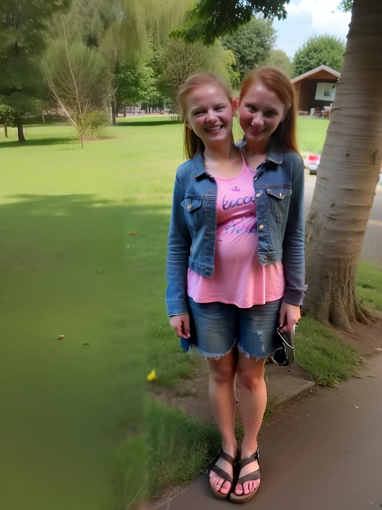 2heads, two headed girl, (mom and daughter:1.5), (one torso:1.5), (female:1.5), (redhead:1.4), (teenager:1.4), (caucasian:1.5), (two heads on one body:1.4), conjoined twins, heads side by side, one torso, young, uncomfortable, barefoot