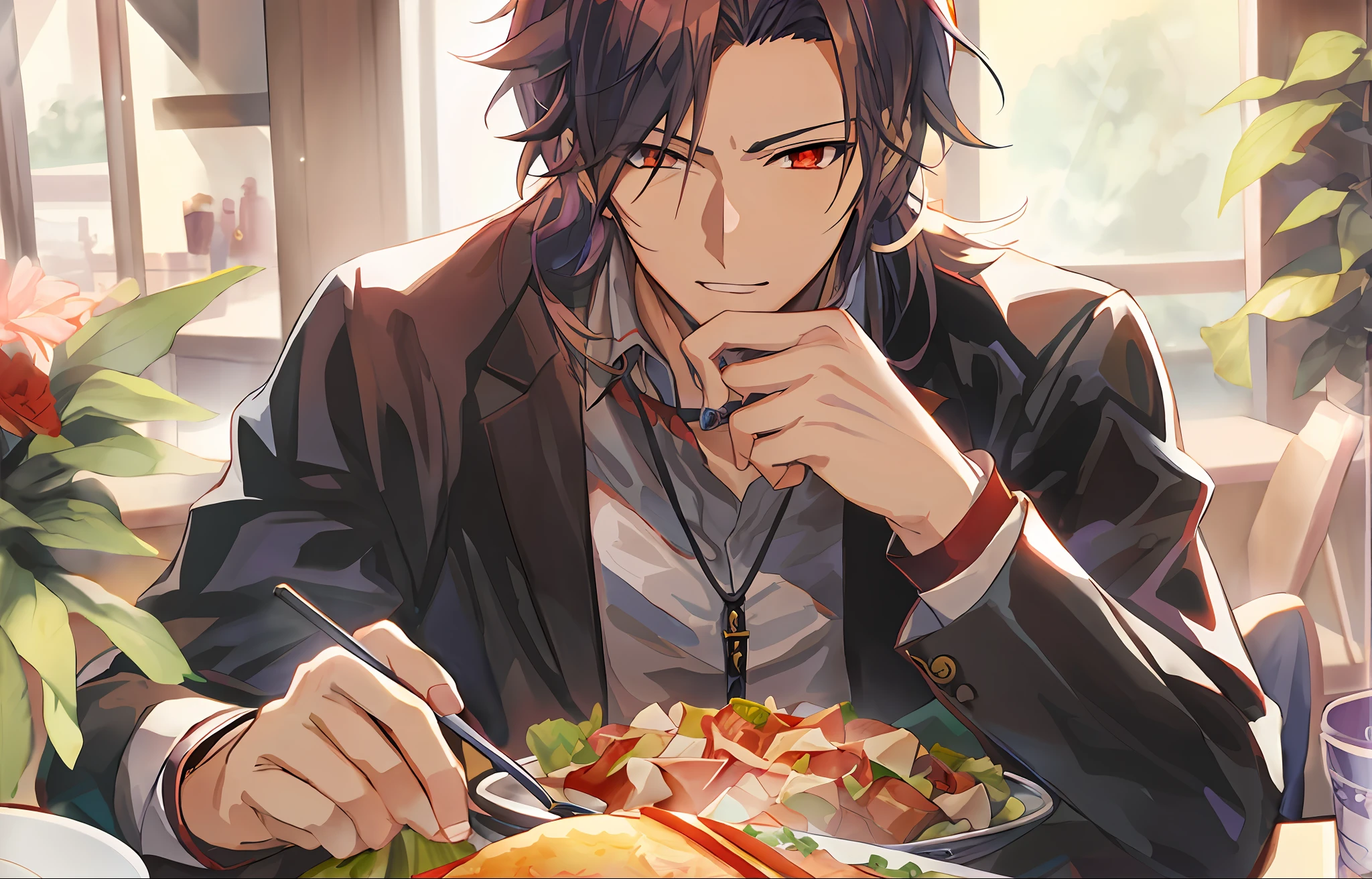 Anime people sit at a table with a plate of food, handsome guy in demon killer art, Anime handsome man, Handsome anime pose, Anime portrait of a handsome man, shigenori soejima illustration, young anime man, inspirado em Okumura Masanobu, two anime handsome men, Detailed digital anime art, High Quality Anime Art Style