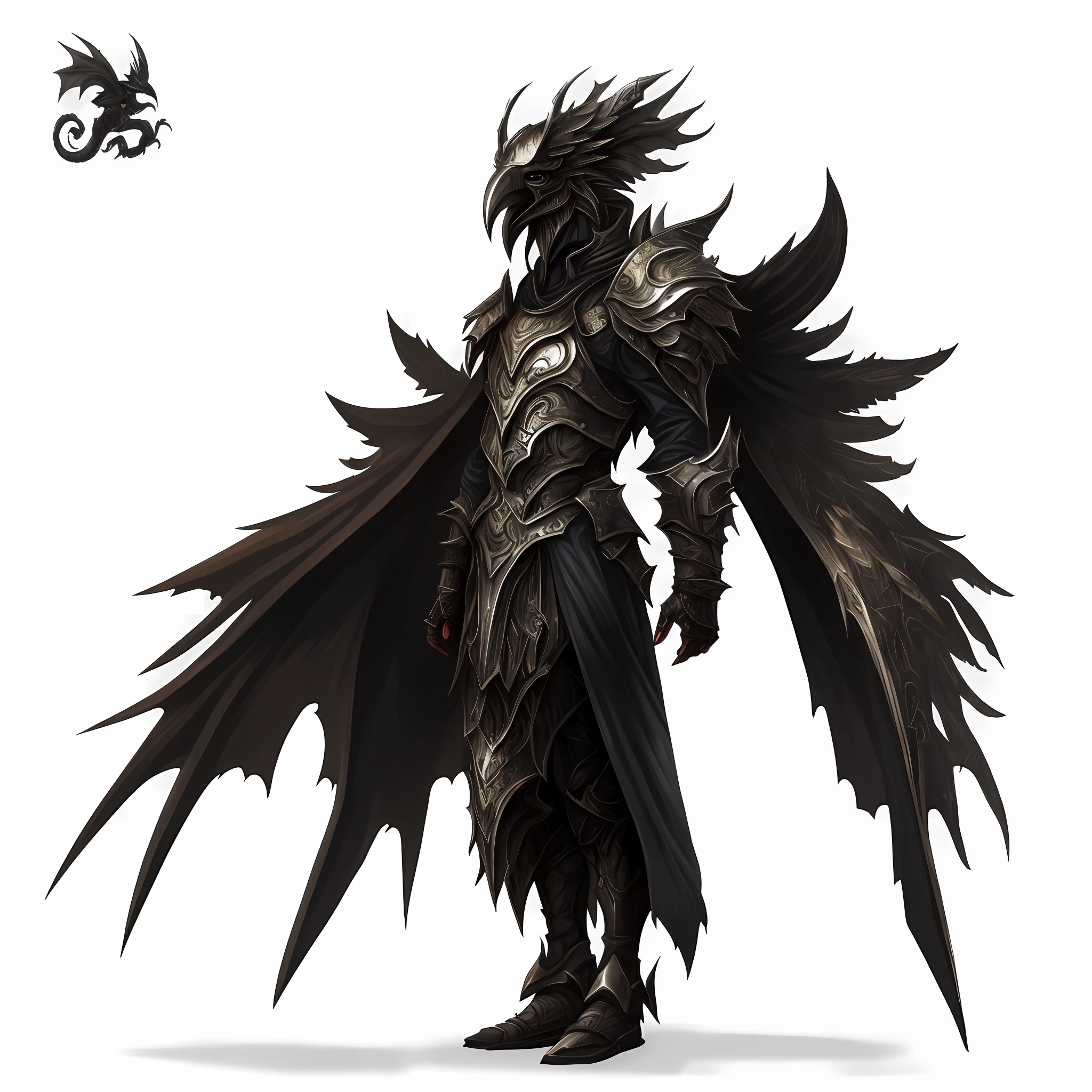 a close up of a person in a costume with wings, anthropomorphic raven knight, hyper-detailed fantasy character, by Yang J, Amazing 8K character concept art, ( ( The king of artificial intelligence art ) ), demonic dragon inspired armor, very stylish fantasy armor, complex fantasy character, detailed full-body concept, dark fantasy character design, Raven in cyber armor