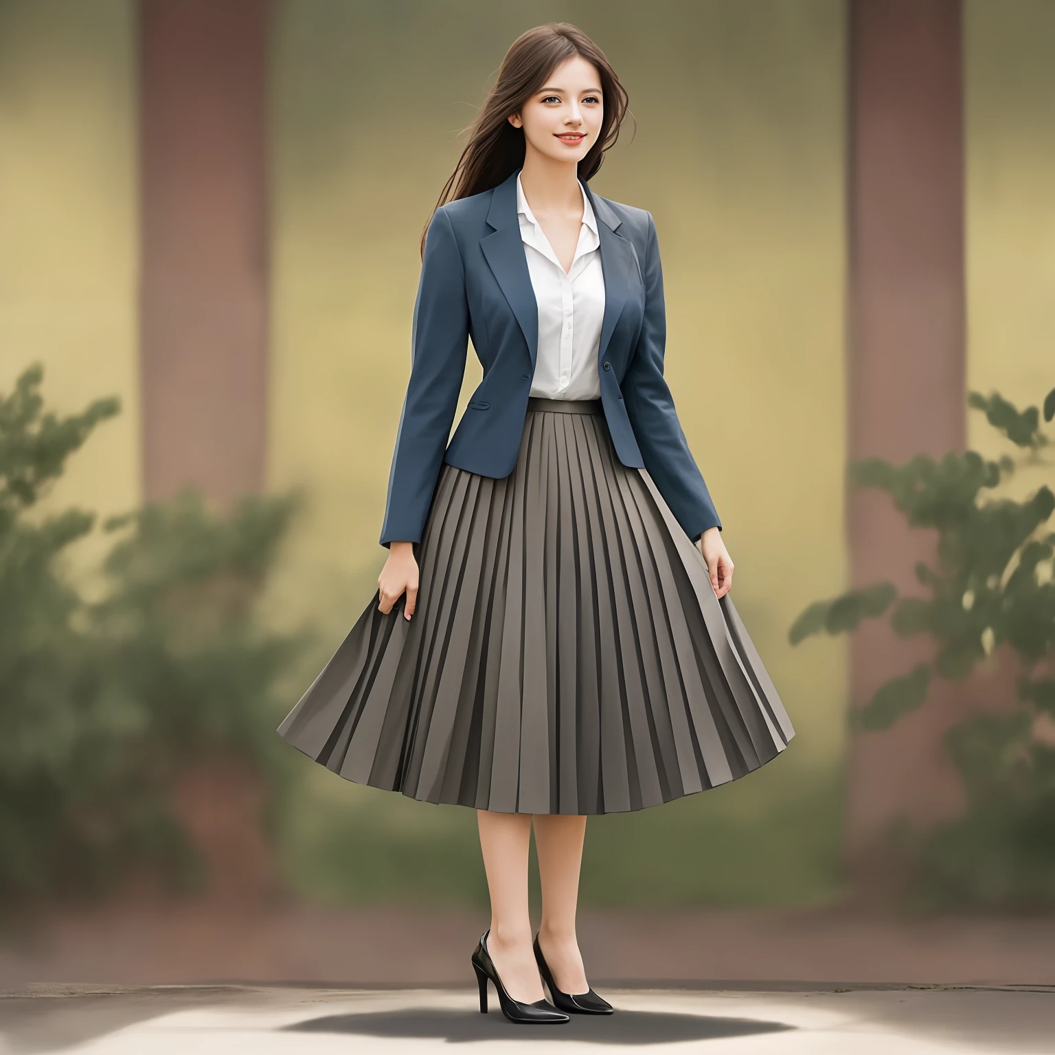 authentic (very shy:1,4 smiling) good woman wearing a short blazer with a very very detailed (long (fully pleated) full circle skirt) and (simple) low heeled office shoes, very very intricate hyper-detailed symmetric (attractive graceful young feminine face) with (sad, tired eyes and shy smile:1,1), full of empathy and compassion and love, (pronounced (feminine) features), (highly detailed ultra accurate realistic) hands and fingers, (windy conditions and wind blowing), epic composition, highly detailed attributes, highly detailed atmosphere, (35mm f1.4 Kodak portra 400 photograph), extremely high quality RAW photograph, intricate, Exquisite details and textures,