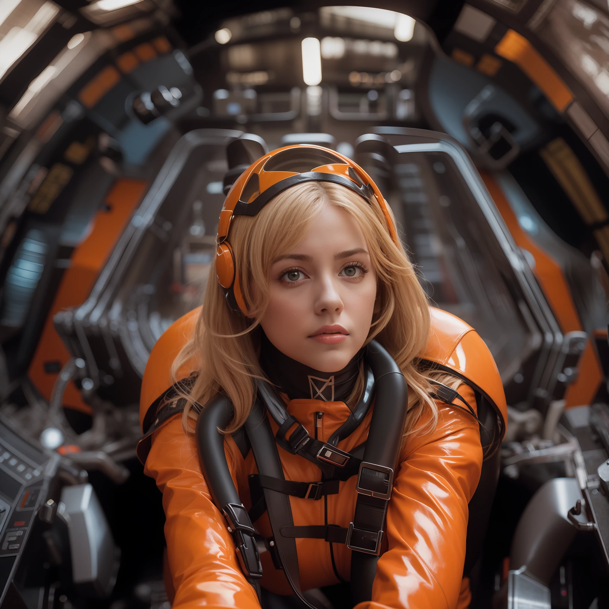 Full - body action photo, in a screengrab from the Barbarella movie is a turret gunner, Brittany Murphy, with beautiful detailed face ，break ，And gorgeous figure, is posing in a turtleneck catsuit made of colorful latex and wet black rubber, with futuristic body harness，break，From latex straps and full vizored helmet, whole suit have intricate orange，break，Latex glossy circuit design, she is reclining，In armoured cockpit，, so the camera perspective is from under, cockpit designed by zaha hadid and Jim Burns, scene is beautifully color graded, allround beautiful soft reflections, she is facing the camera, its like fashion photography with cinematic lighting
