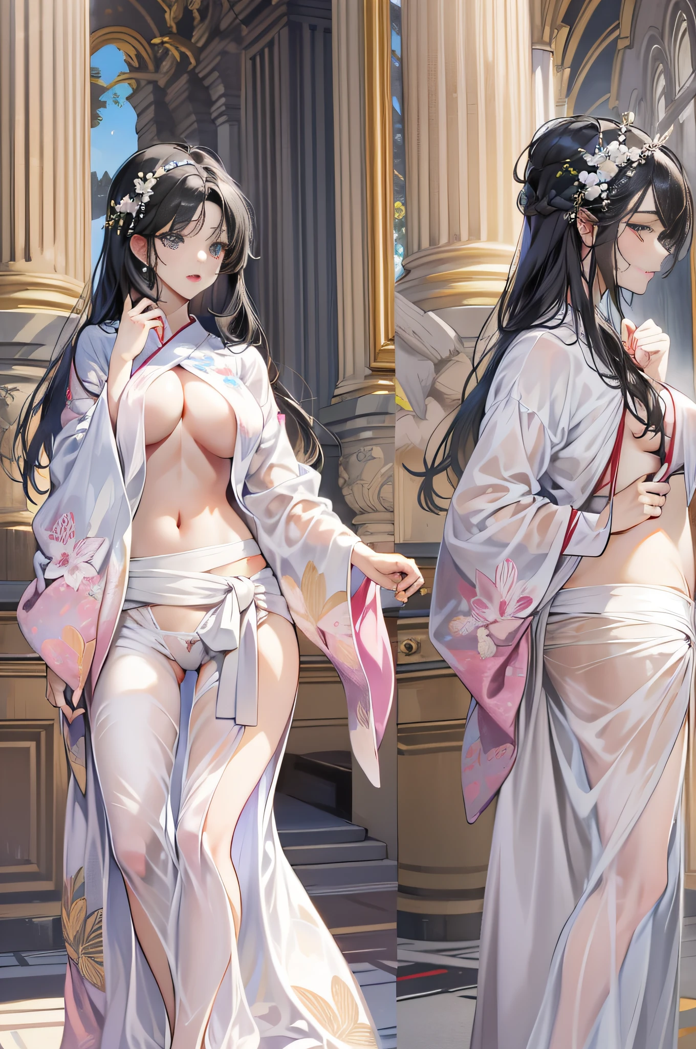 32 year old beautiful woman with attractive long black hair、Double eyelids、The background is the Palace of Versailles in France、Looking here、One white see-through yukata that sticks to bare skin、very large breast、wide open legs、The color and shape of the tip of the chest is visible 、You can see the color and shape of the areola、You can see through a lot of pubic hair、The entire chest shows through、
