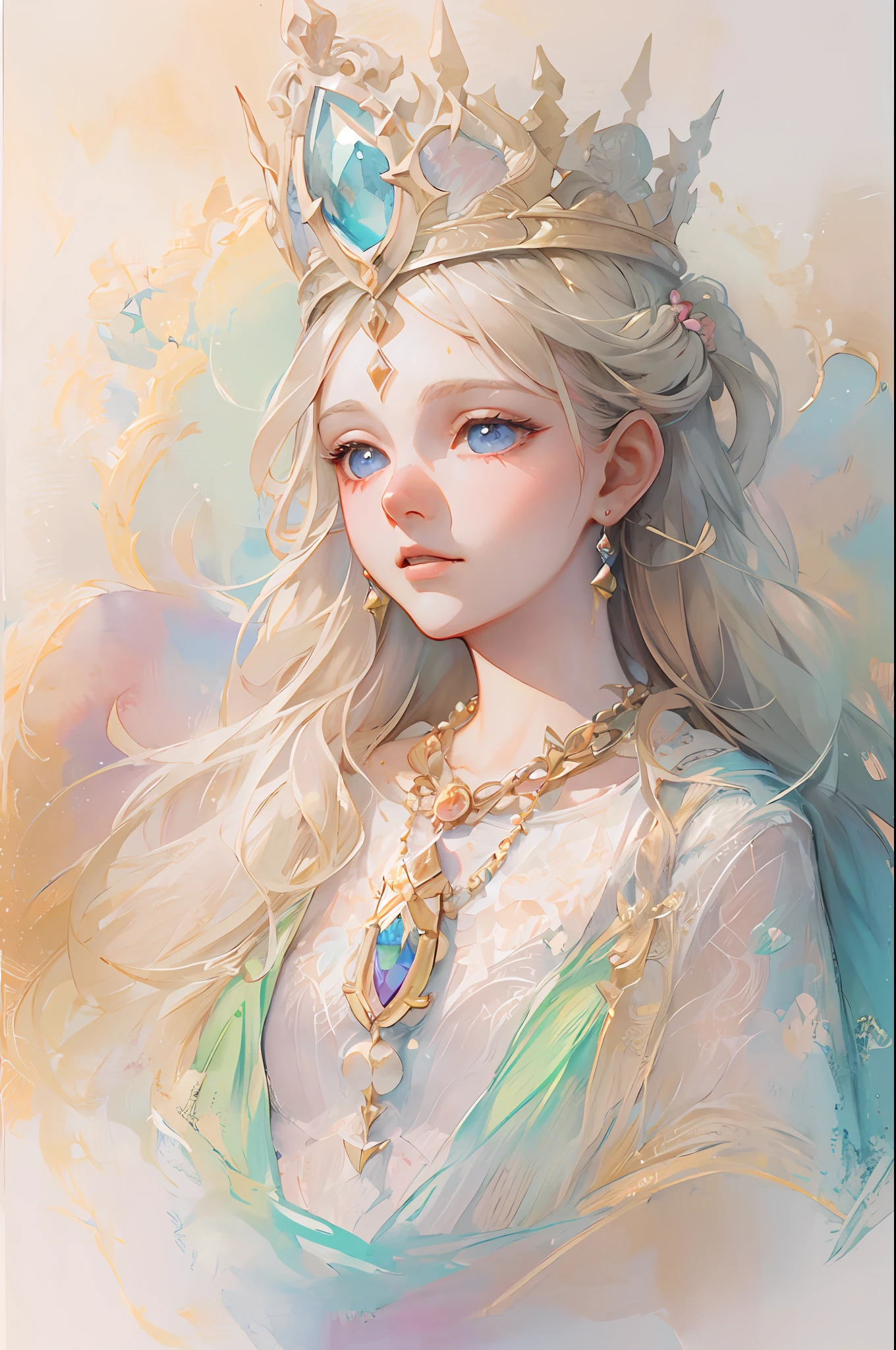 The young princess held a necklace with a crested jewel in her hand and chanted a chant passed down from her mother, which caused her body to glow and float in the air. The light emitted from the jewel was an important light that indicated the direction of the hidden earth.Fine brush, rough, detailed watercolor, soft and fantastic, pastel, fluffy, (extremely fine and beautiful), (perfect details)、(pastel color),Soft texture:1.2.(Mastepiece, Best Quality), (finely detailed beautiful eye), (finely detailed eyes and detailed face),The tones are also visibly luminous.Pale blurred outline
