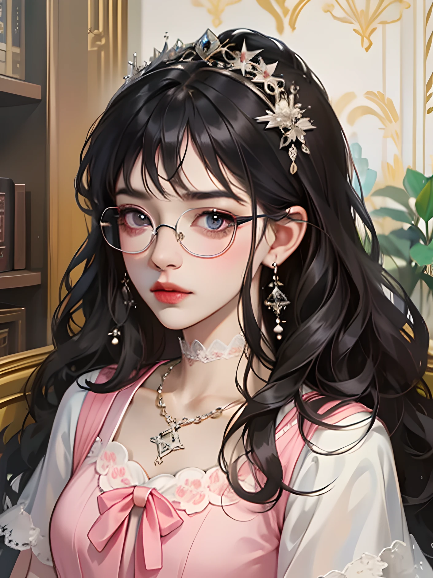 masterpiece, best quality, 1woman, black wavy hair, white and pink modern top, finely detailed eyes and detailed face, detailed, eyeglasses.