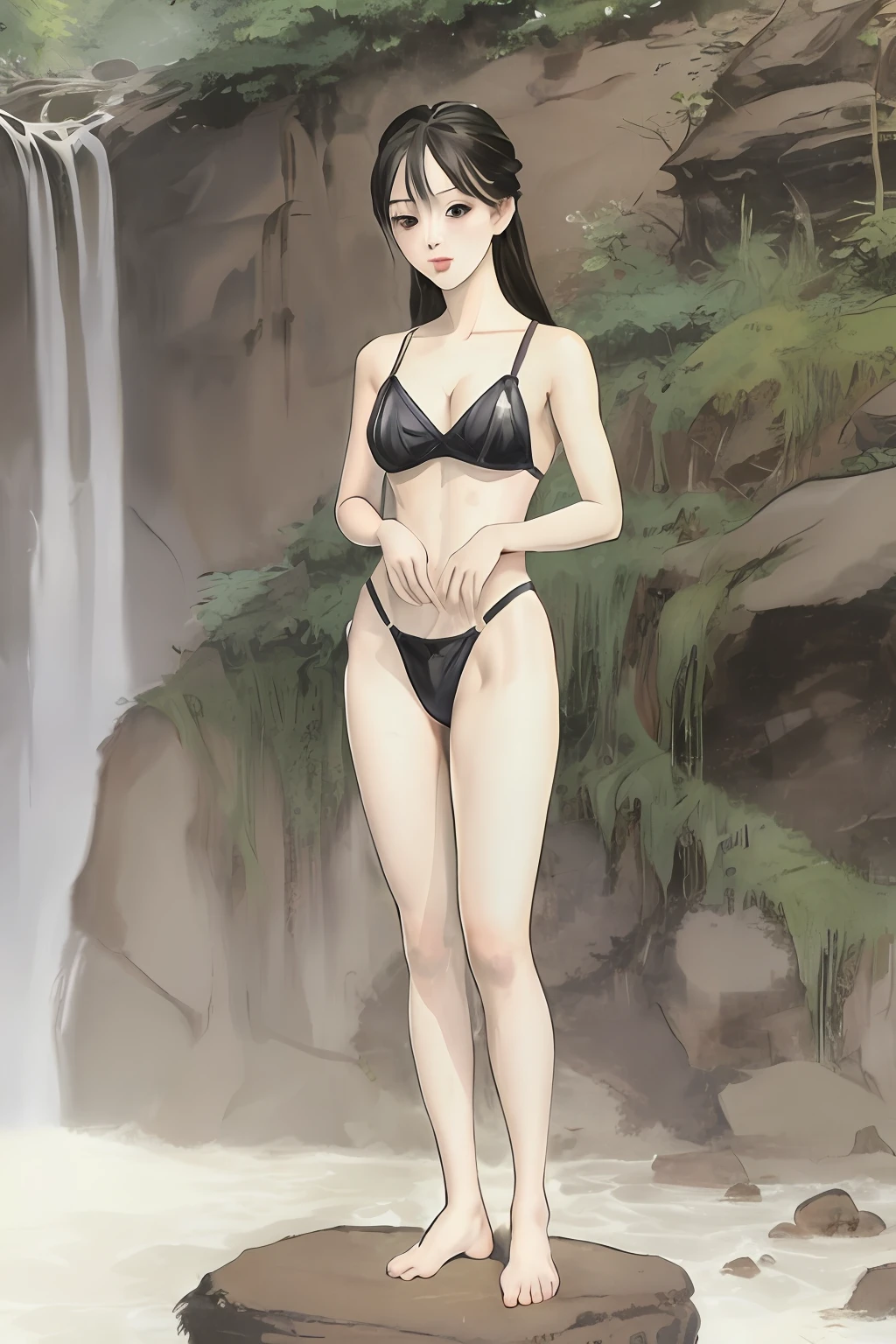 Draw a big chest、legs long、A mink cicada standing charmingly by the waterfall,Be more real。