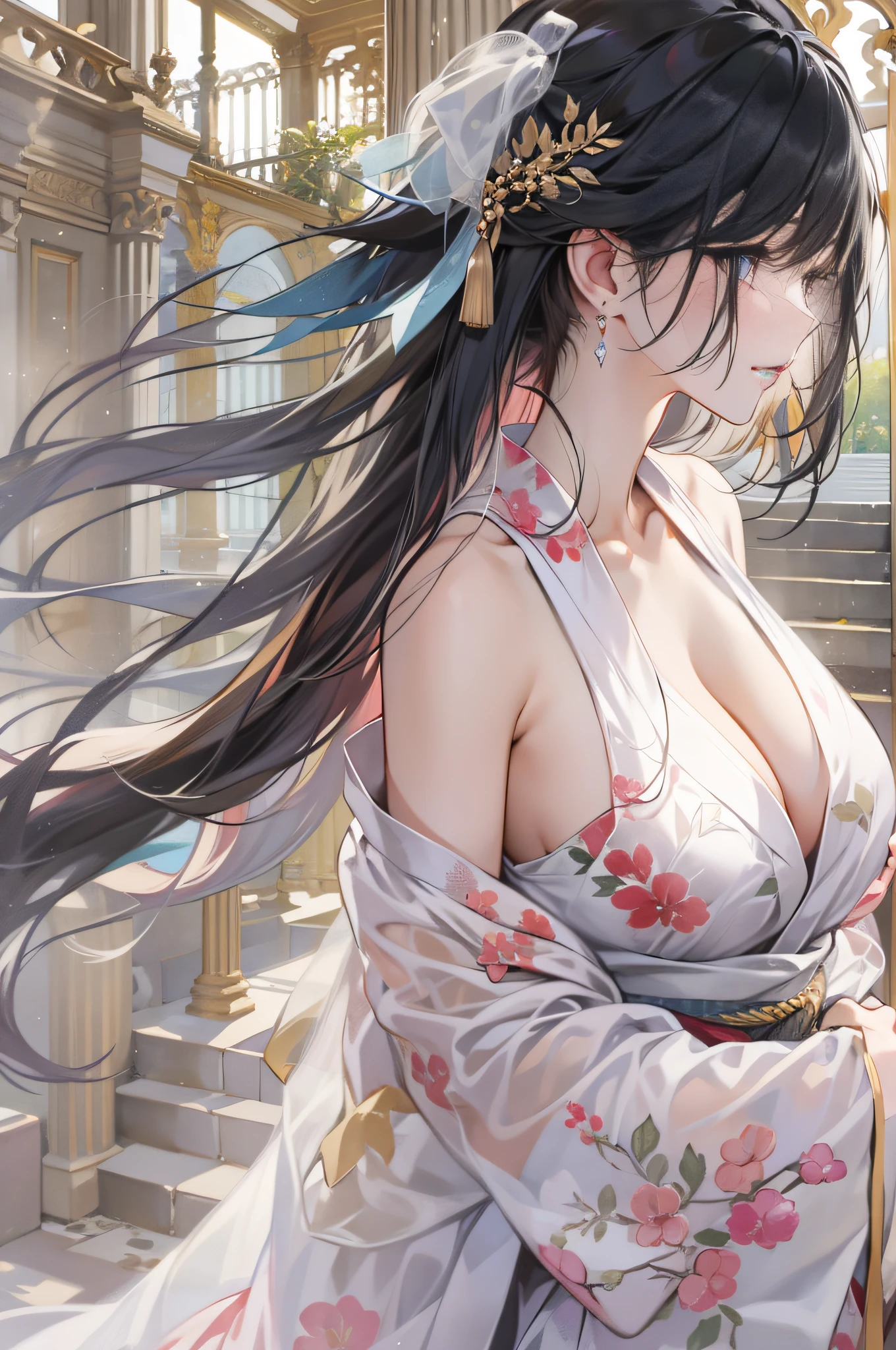 32 year old beautiful woman with attractive long black hair、Double eyelids、The background is the Palace of Versailles in France、Looking here、One white see-through yukata that sticks to bare skin、very large breast、wide open legs、The color and shape of the tip of the chest is visible 、You can see the color and shape of the areola、You can see through a lot of pubic hair、The entire chest shows through、