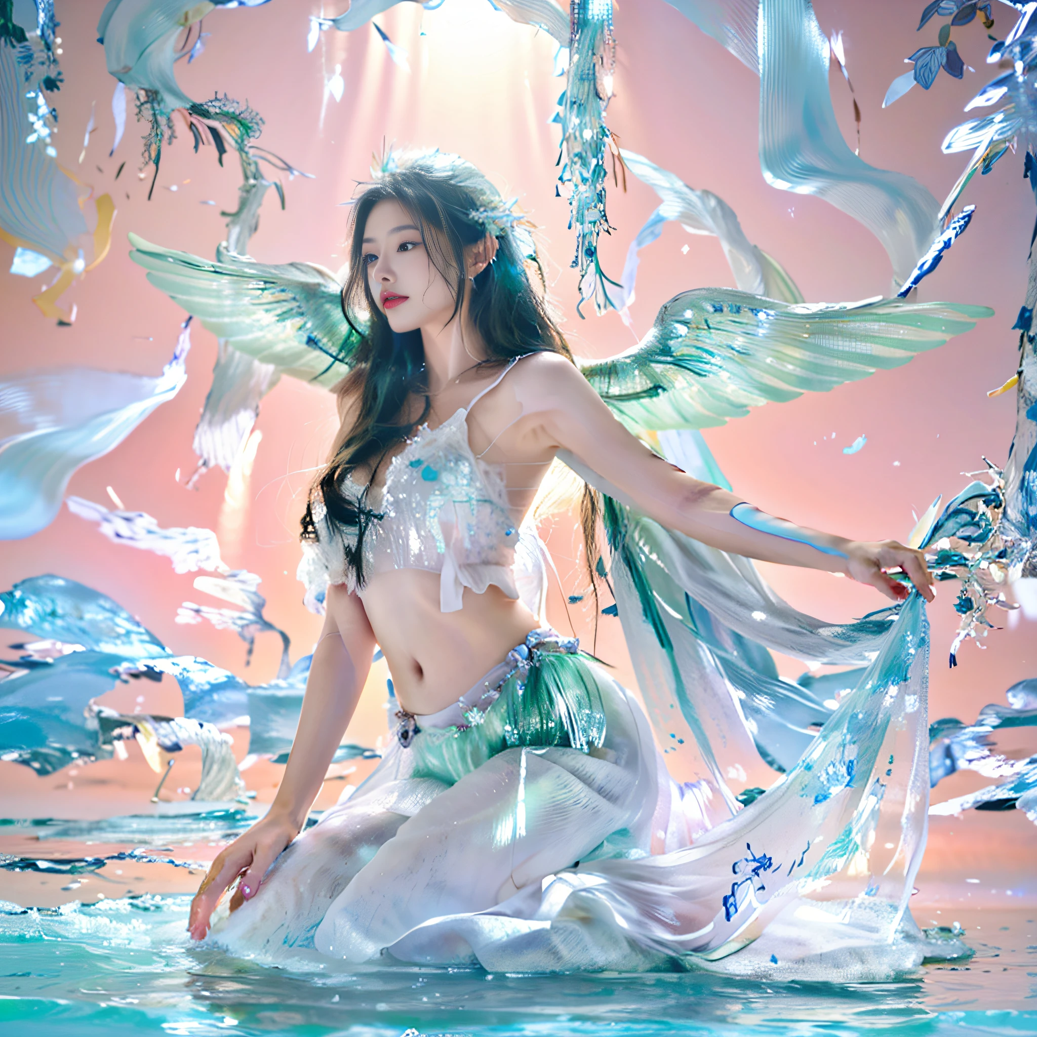 photo-realistic hair, (Wings with super detailed and realistic details:1.4),(number art:1.4), fantastical creature, Non-human, Fantasy realism style, cinema shot, (octaneratingrendering:1.4), professional photoshooting, photorealestic, Realistic animal imagery, rendering by octane, rich details, Natural light lighting, Clear and refined facial details, Very European atmosphere, atmospurate, ellegance, Epic graphics,White sky,White clouds surround,Strong sunlight,
Mana'lon is a water elf in Welsh mythology。She is beautiful,Medium height,Beautiful figure,The skin is like white jade,Slightly light green。She has long blonde hair,Soft and silky,Flutter in the wind。Her eyes were a sparkling emerald green,It emits a strong water-like glow。Her lips are pink,Slightly upturned,Revealing her confidence and joy。
Mana'lon is decorated with green seaweed and coral,Create a harmonious and beautiful image。Her water silk dress is pale green,Soft and flowing,Like a fresh spring flowing around her。
Her fingers are delicate and delicate,It has transparent light blue nails。She wears a stunning crystal bracelet on her wrist,glittery,dazzling。
Mana Dragon controls the power of water。The decoration and water silk on her body carry the smell of water,Make her look like the embodiment of water。She has the ability to control the flow of water and its movement,Establish a harmonious relationship with water。
Sum up,Mana Dragon is a mysterious and beautiful being,Her appearance and aura are like water,Make people feel harmonious and happy。Her image occupies an important place in Welsh culture,Represents art and wisdom,Symbolizes good luck and happiness。