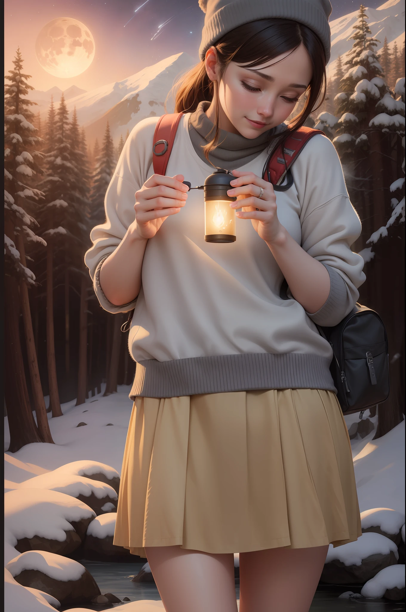 1 woman ((whole body abaichada, happy)), masterpiece, best quality, ultra-detailed, solo, outdoor, (night), Snowfall, nature, (stars, moon evening) cheerful, happy, backpack, sleeping bag, camping stove, water bottle, mountain boots, gloves, sweater, hat, lantern, forest, stones, river, wood, smoke, shadows, contrast, clear sky, style, (warm hue, warm tone: 1,2), close-up, cinematic light, side lighting, ultra high resolution, best shade, RAW, short skirt, wearing pullover