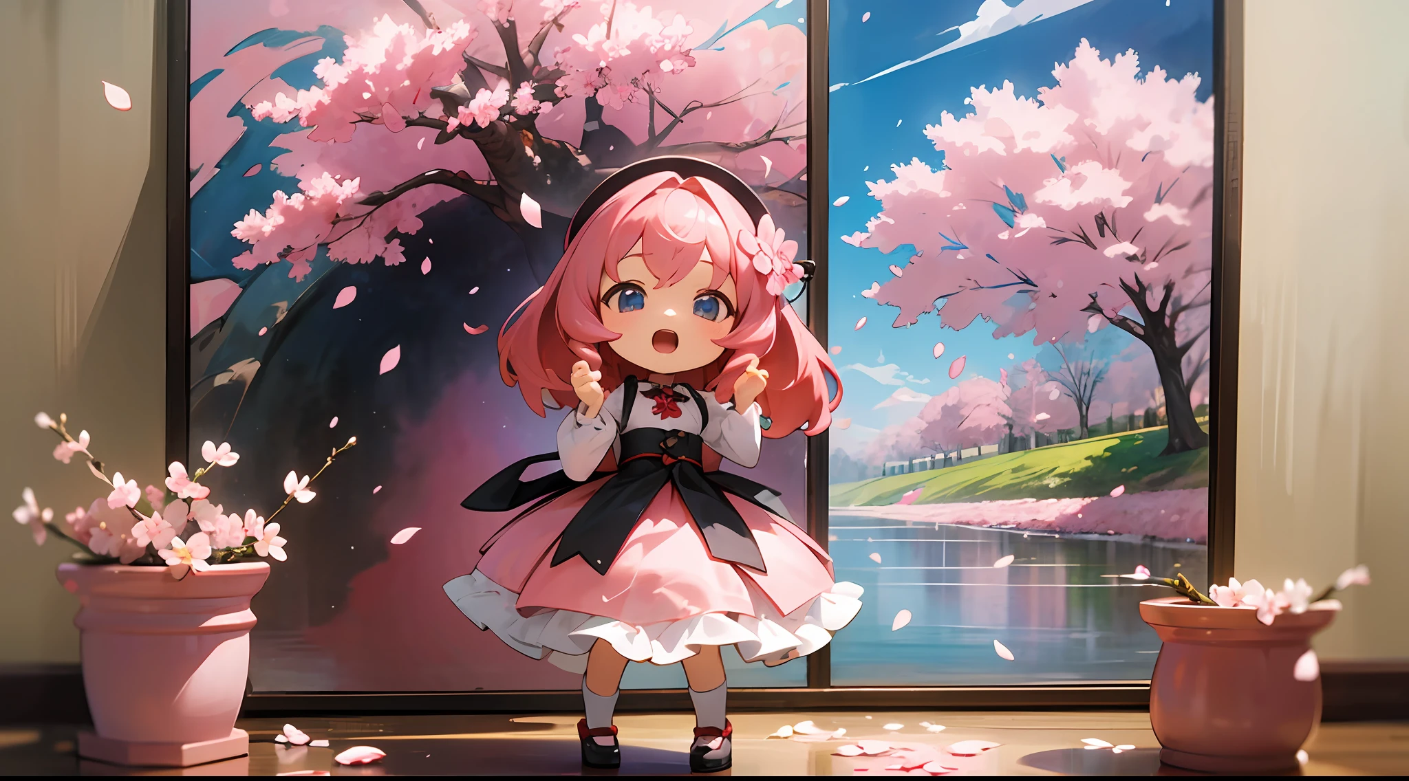 photoRealstic、Doll standing in front of the painting、bionde、Yawning face、Sengai、pixiv、rokoko、dollfie dream、watercolor Nendoroid、(High Definition Figure)、flowing sakura-colored silk、nendroid、highly_Detailed!!,Cherry blossom petals、Flowing cherry blossom silk、season!!: 🌸 ☀ 🍂 ❄