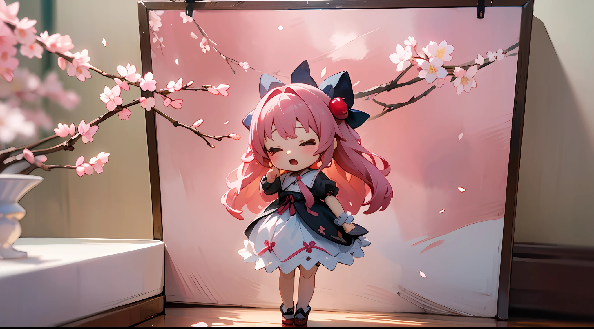 photoRealstic、Doll standing in front of the painting、bionde、Yawning face、Sengai、pixiv、rokoko、dollfie dream、watercolor Nendoroid、(High Definition Figure)、flowing sakura-colored silk、nendroid、highly_Detailed!!,Cherry blossom petals、Flowing cherry blossom silk、season!!: 🌸 ☀ 🍂 ❄