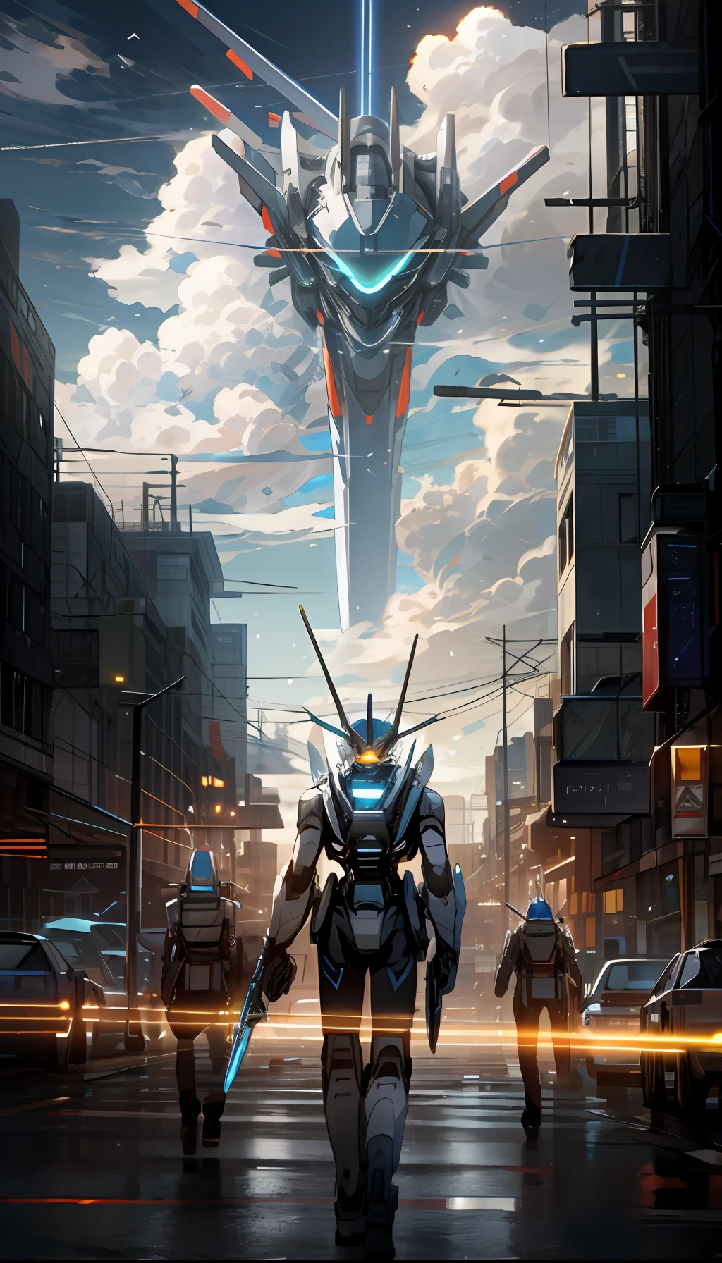Sky, Clouds, holding_weapon, no_humans, Glow, Robots, Architecture, Science Fiction, Cities, Reality --v6