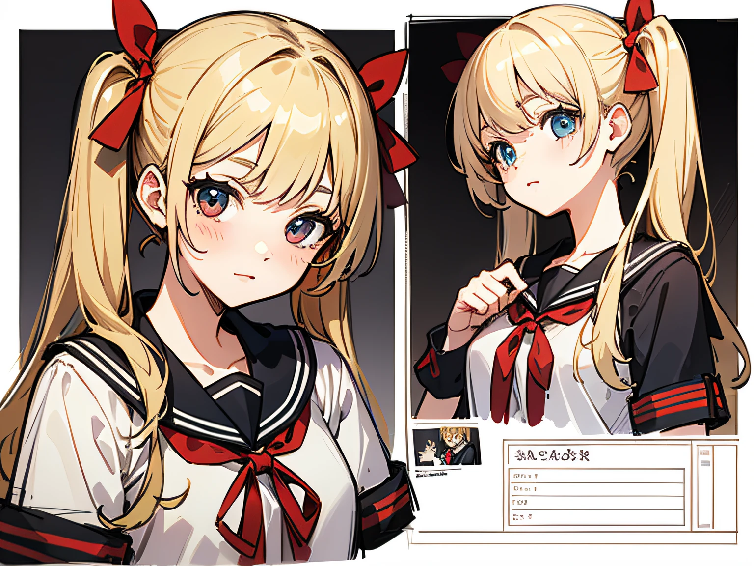 (Masterpiece, best quality) detailed, character sheet, girl with blonde twintails, wearing school uniform, tying a red ribbon in her hair, full of details.