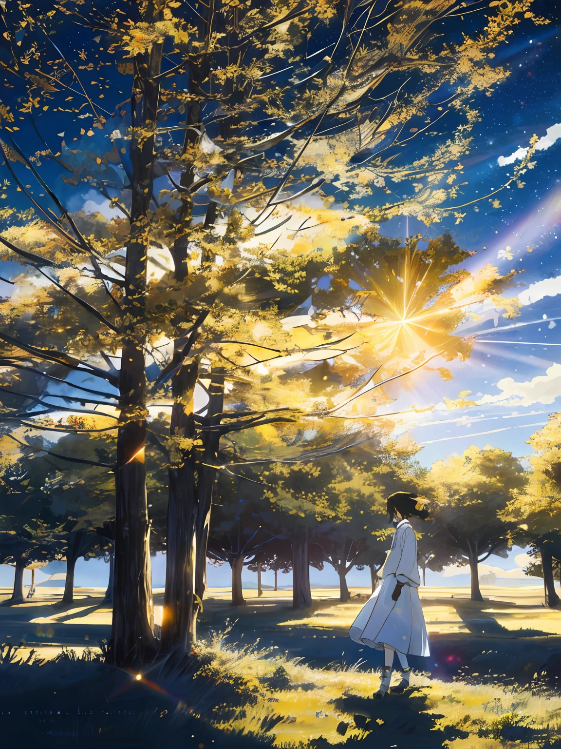 The vast starry sky,sunny clear sky,the beautiful skyline,Large grasslands,Intense and dramatic imagery,the moving visual effects,Colorful natural light。White long sleeve blouse,a white long skirt,A maiden with a garland in her hand。