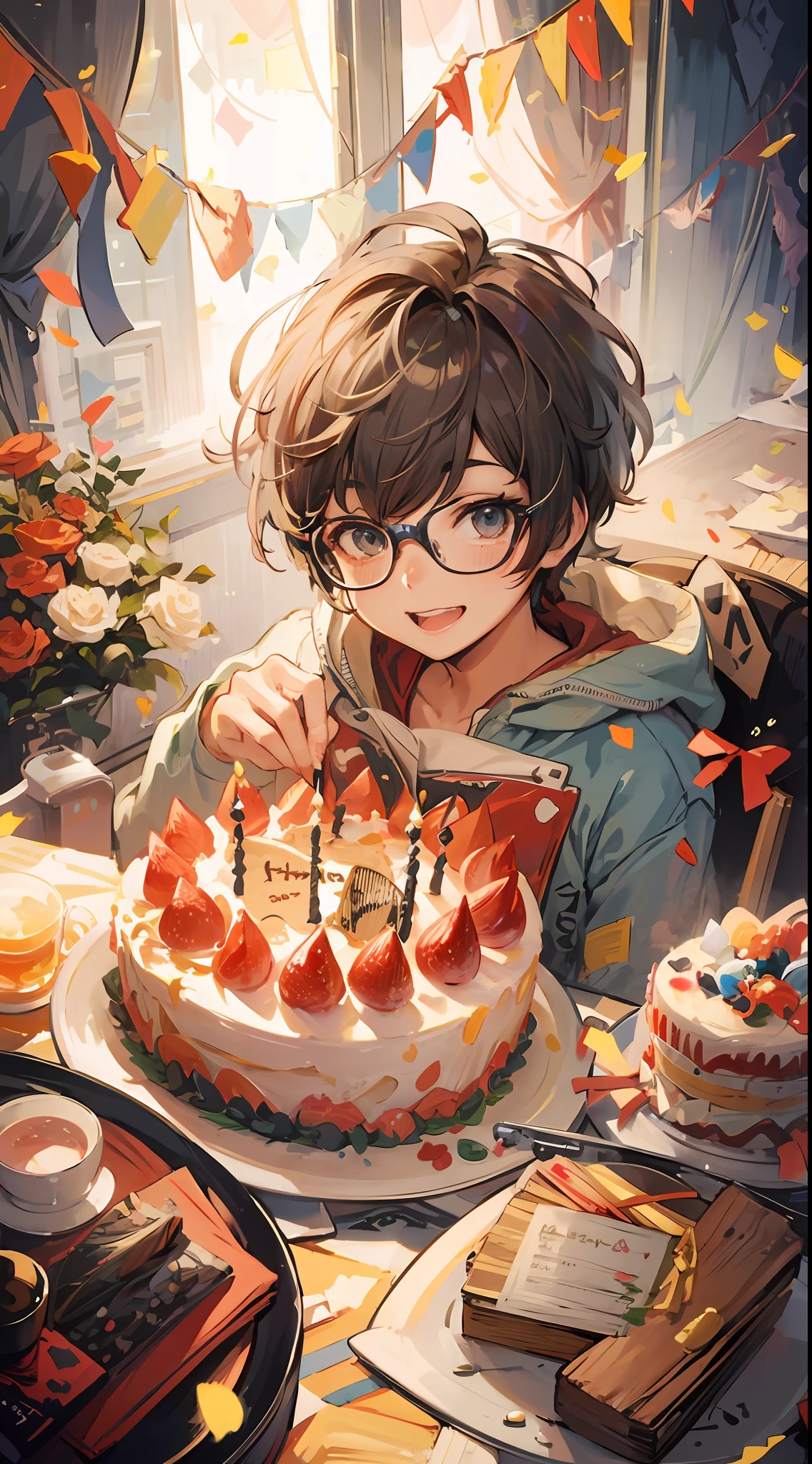 Anime boy with glasses blowing out candles on birthday cake, kawacy, Detailed Digital Anime Art, Persona 5 Art Style wlop, High quality anime art style, by Yuumei, guweiz on pixiv artstation, Pixiv Contest Winner, detailed fan art, kawaii realistic portrait, by Kamagurka, anime moe art style, digital anime illustration、Show your teeth and smile