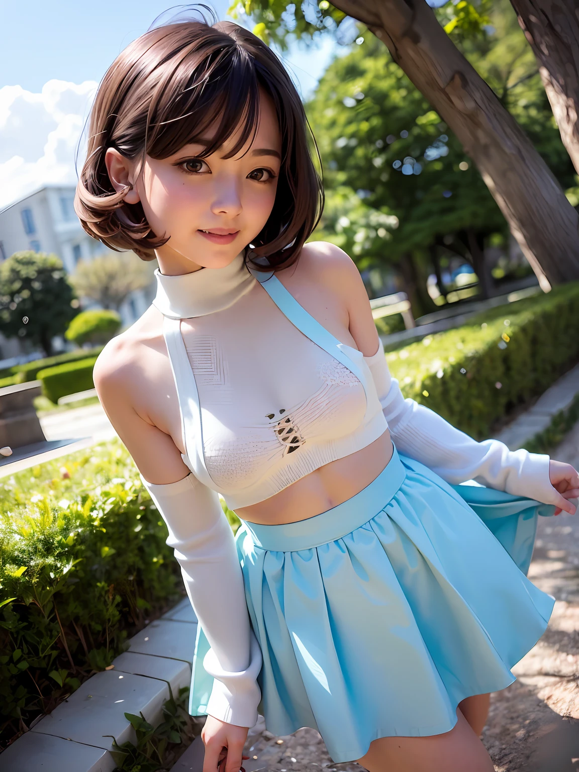 (dynamicposes:1.4), (dynamic ungle:1.4), Romper (细致背景:1.4)、hyper detailed background、(Floating light blue clouds:1.4)、(Floating blue flowers:1.4)、 Romper (perfect anatomia、perfect hand:1.4)、(Perfect five fingers:1.4)、(Perfect 4 long fingers and perfect short thumb:1.4)、(Thumb shorter than the other 4 fingers:1.4)、(Perfect two arms:1.4)、(Perfect two legs:1.4)、((top-quality、8K、masterpiece:1.3))、1girl in、A smile、full body Esbian、Slim Faces、Pretty women、(dark brown hair)、hyperdetailed face、A detailed eye、二重まぶた、blured background、Slim Faces、Cute、extremely delicate and beautiful girl、Happy smiling face、Overall、ultra-detailliert、4K、masutepiece、small mouth、Colossal tits、bura、Underpants、a short skirt,high waist skirt,high-necked,Sleeveless,bob cuts,long boots,ultra-detailliert, 4K, masutepiece,Smile,small mouth,white shirt、Skirts that show the body line、low angles、White sweater、Takushiage、