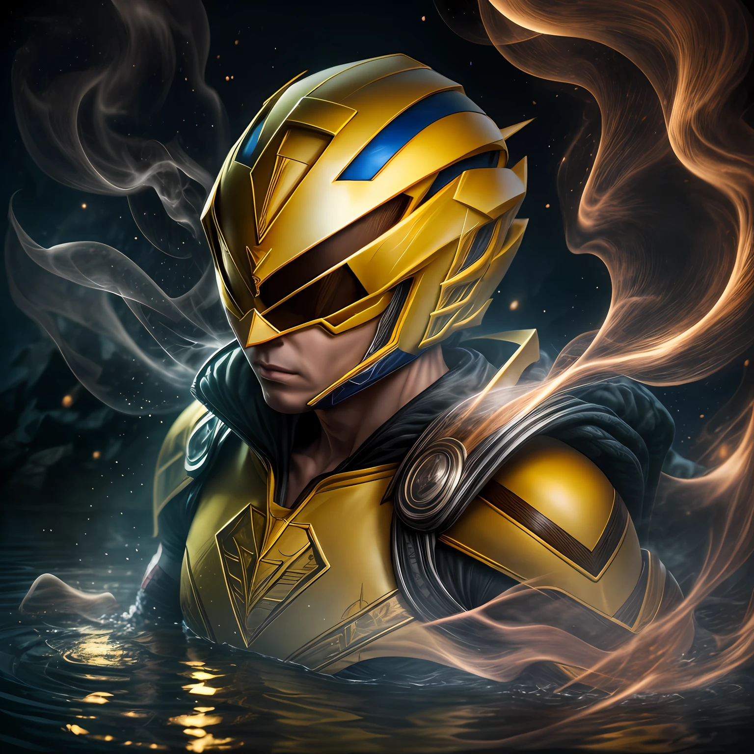 close up, Yellow Ranger from Power Rangers, Ghost, Dark, gotik, 3d, Ultra Detailed, blue transparent smoke around, realistic style, Old Night Pond, full - body,