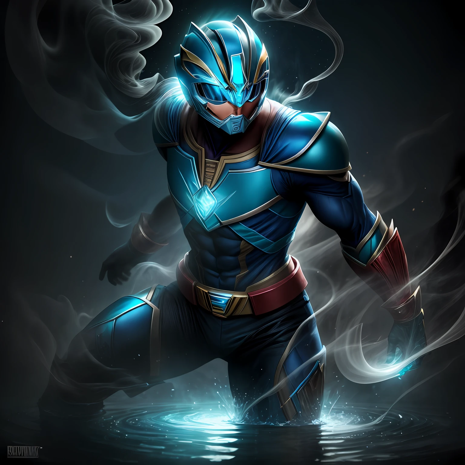 close up, Blue Ranger from Power Rangers, Ghost, Dark, gotik, 3d, Ultra Detailed, blue transparent smoke around, realistic style, Old Night Pond, full - body,