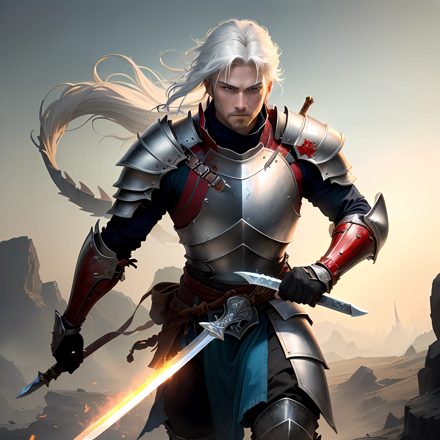 The white-haired warrior gray armored man plunged his sword into the dragon's body