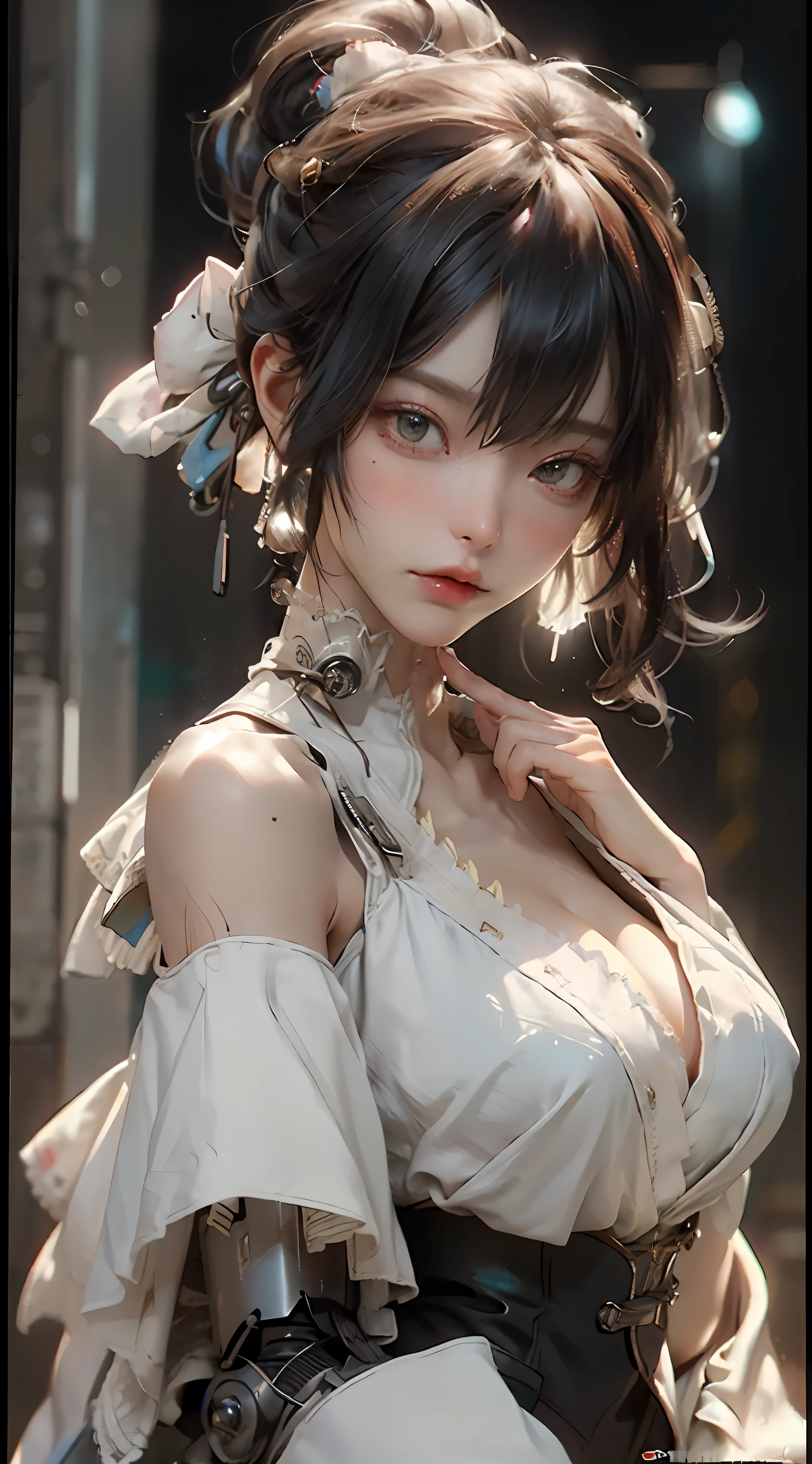 ((best qualtiy)), ((tmasterpiece)), (the detail:1.4), 3D, A beautiful cyberpunk female image,hdr(HighDynamicRange),Ray traching,NVIDIA RTX,Hyper-Resolution,Unreal 5,Subsurface scattering、PBR Texture、post-proces、Anisotropy Filtering、depth of fields、maximum definition and sharpness、Many-Layer Textures、Albedo e mapas Speculares、Surface coloring、Accurate simulation of light-material interactions、perfectly proportions、rendering by octane、Two-colored light、largeaperture、Low ISO、White balance、the rule of thirds、8K raw data、Beautiful woman with short hair in steampunk costume,steampunk beautiful anime woman,a steampunk beautiful goddess,steampunk girl,big breasts exposed cleavage,Exposed cleavage,estilo de fantasia steampunk,steampunk inventor girl,Sci-fi steampunk,Steampunk cyberpunk,like lady mechanika,steampunk aesthetic,digital steampunk art,(steampunc)(steampunc),portrait of a mechanical girl,steampunk wind, beautiful girl cyborg, (Stand outside the steam train),Beautifulcollarbone,Raise the hand on the back,