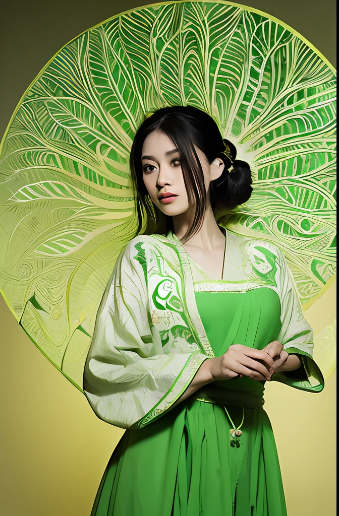 Ancient Beauty Wearing Tang Dynasty Clothing,surrounded by enormous lotus leaves with intricate patterns, standing in front of a massive full moon with a soft glow, in the style of Albert Watson, minimalism,elegant light green