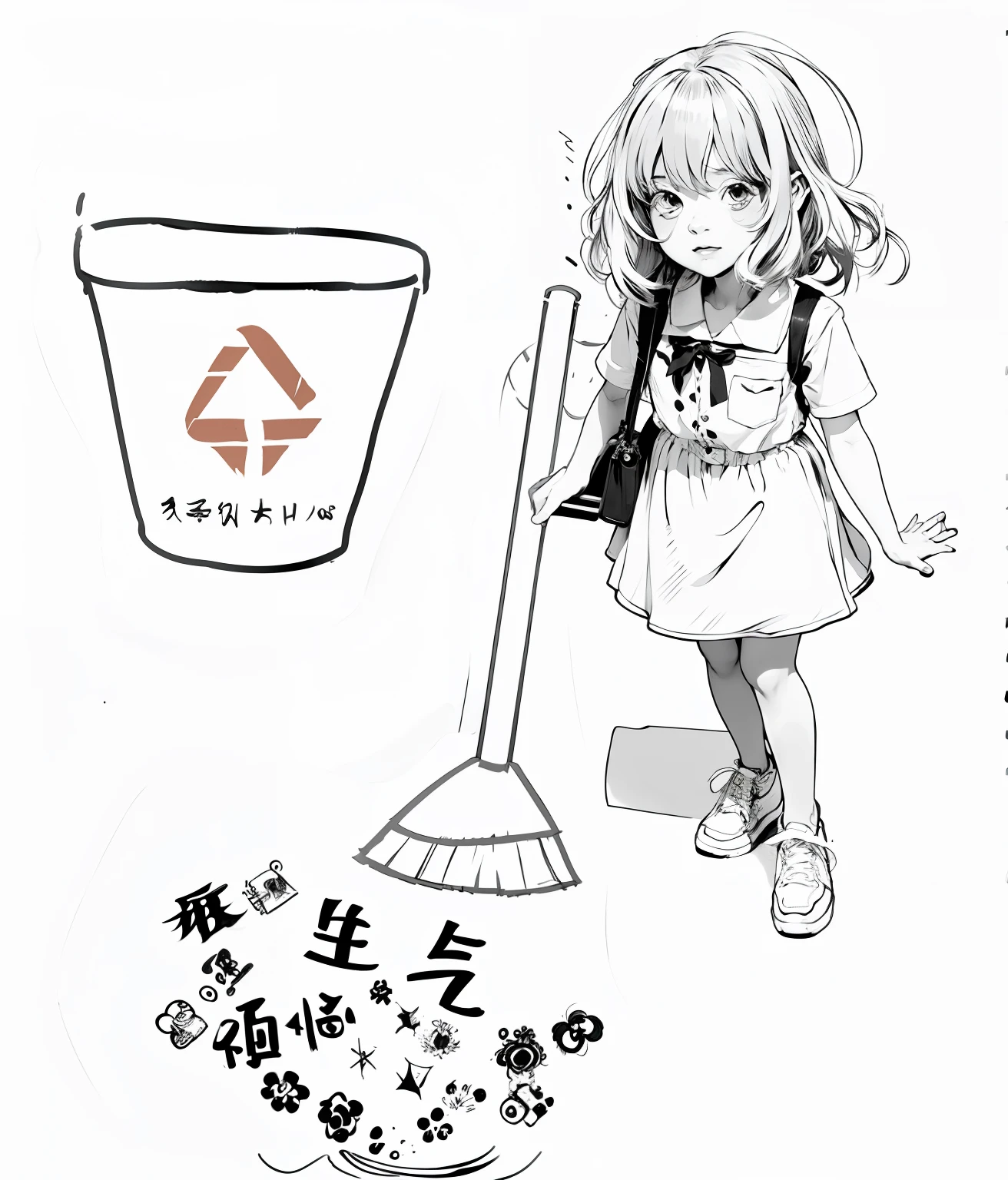 （A girl sweeping the floor with a broom：1.2)，There's a trash can next to it, clean anime outlines, author：Middle Bokuhn, clean lineart, extremely fine ink lineart, ink manga drawing, Line sketch!!, clean coloring book page, author：Hosomura Kane, comic drawing, pencil and ink manga, clean ink detailed line drawing, traditional drawing style, pencil and ink manga drawing --auto