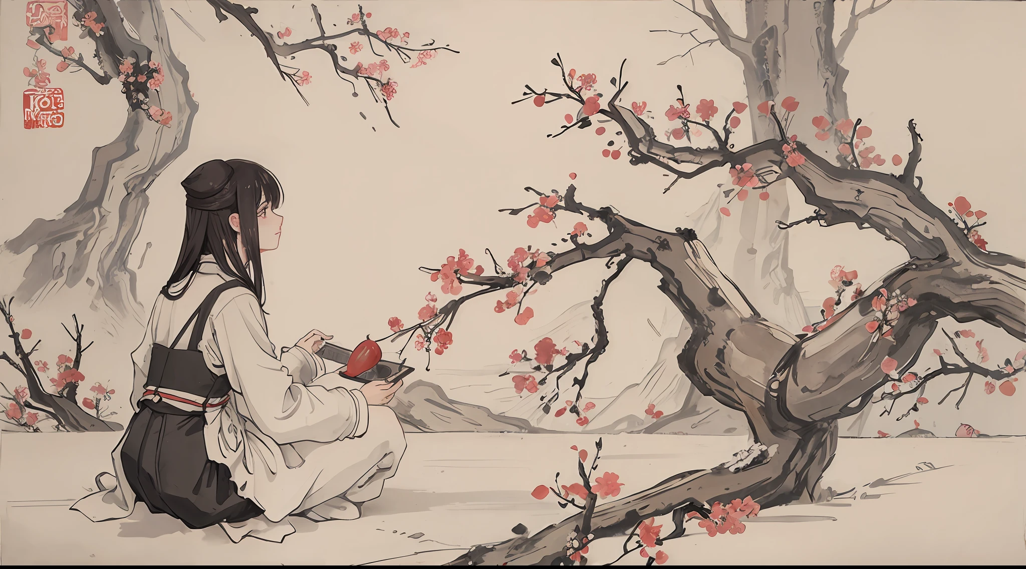 (Masterpiece, best quality: 1.2), traditional Chinese ink painting, plum blossom, snowing, red wall