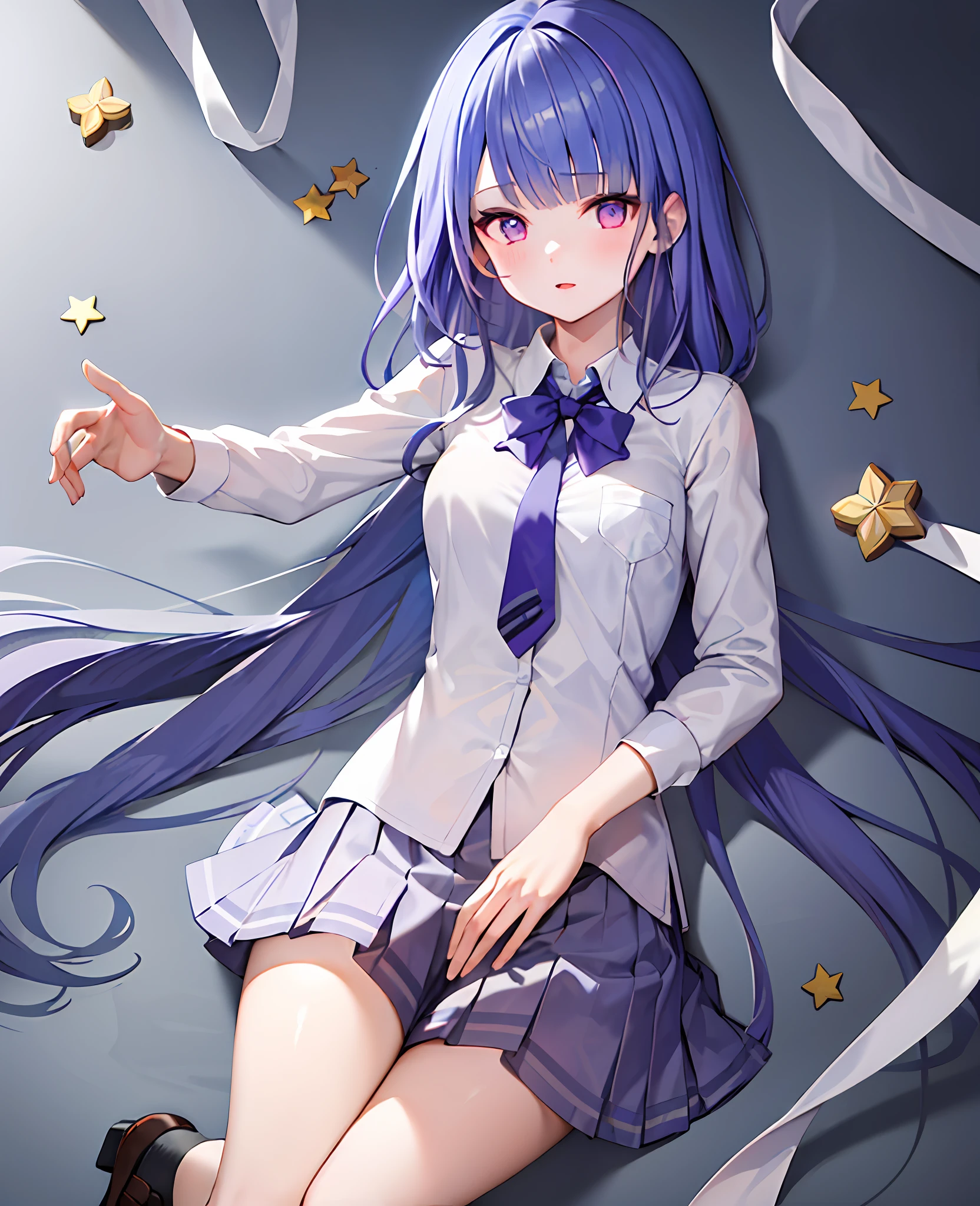 masterpiece, best quality, 1girl, solo, raiden_genshin, school uniform, white shirt, purple skirt, tie
