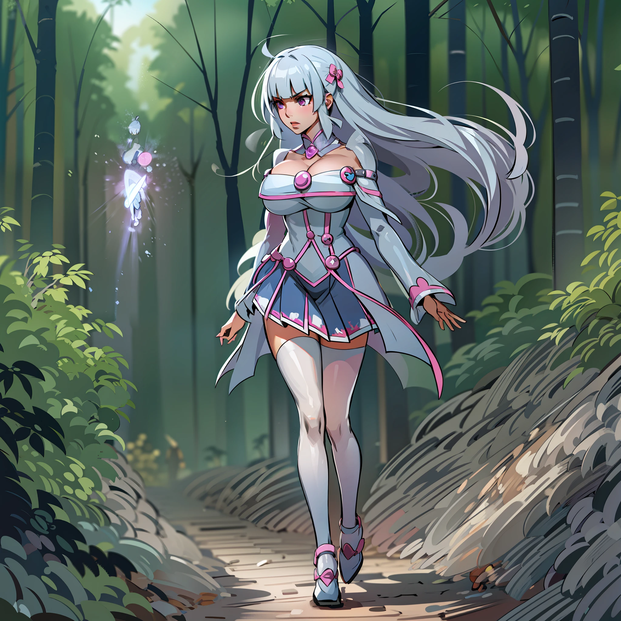 silver hair, big breast, magical girl, full body , walking, alone, 1character, forest