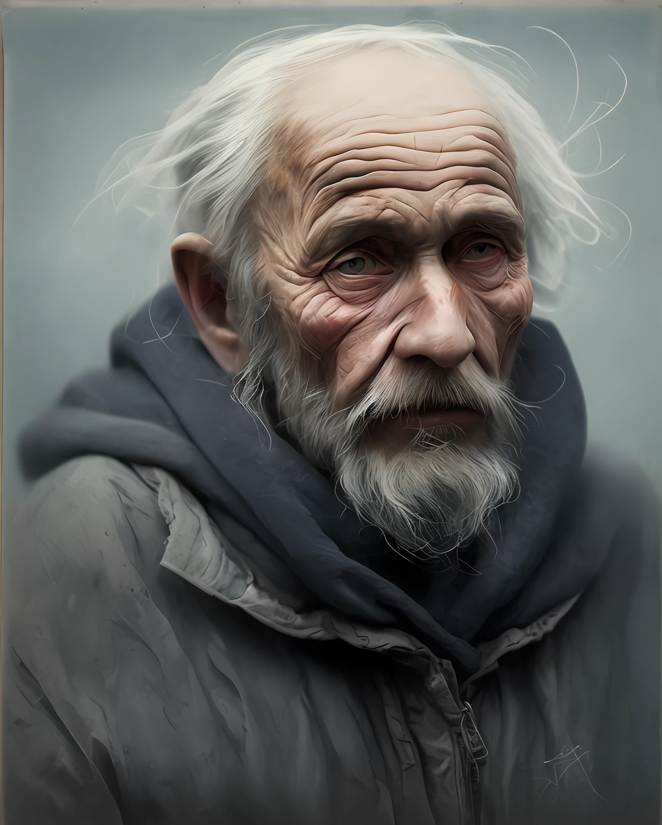 A portrait of poor russian 1800 old worker in rags, ((overwhelming fatigue )), wrinkles of age, concept art, oil pastel painting , moody gray colors , gritty, messy stylestyle of Alexey Savrasov, Ivan Shishkin, Ilya Repin, (cel shaded:1.2), 2d, (oil painting:1.2) highly detailed