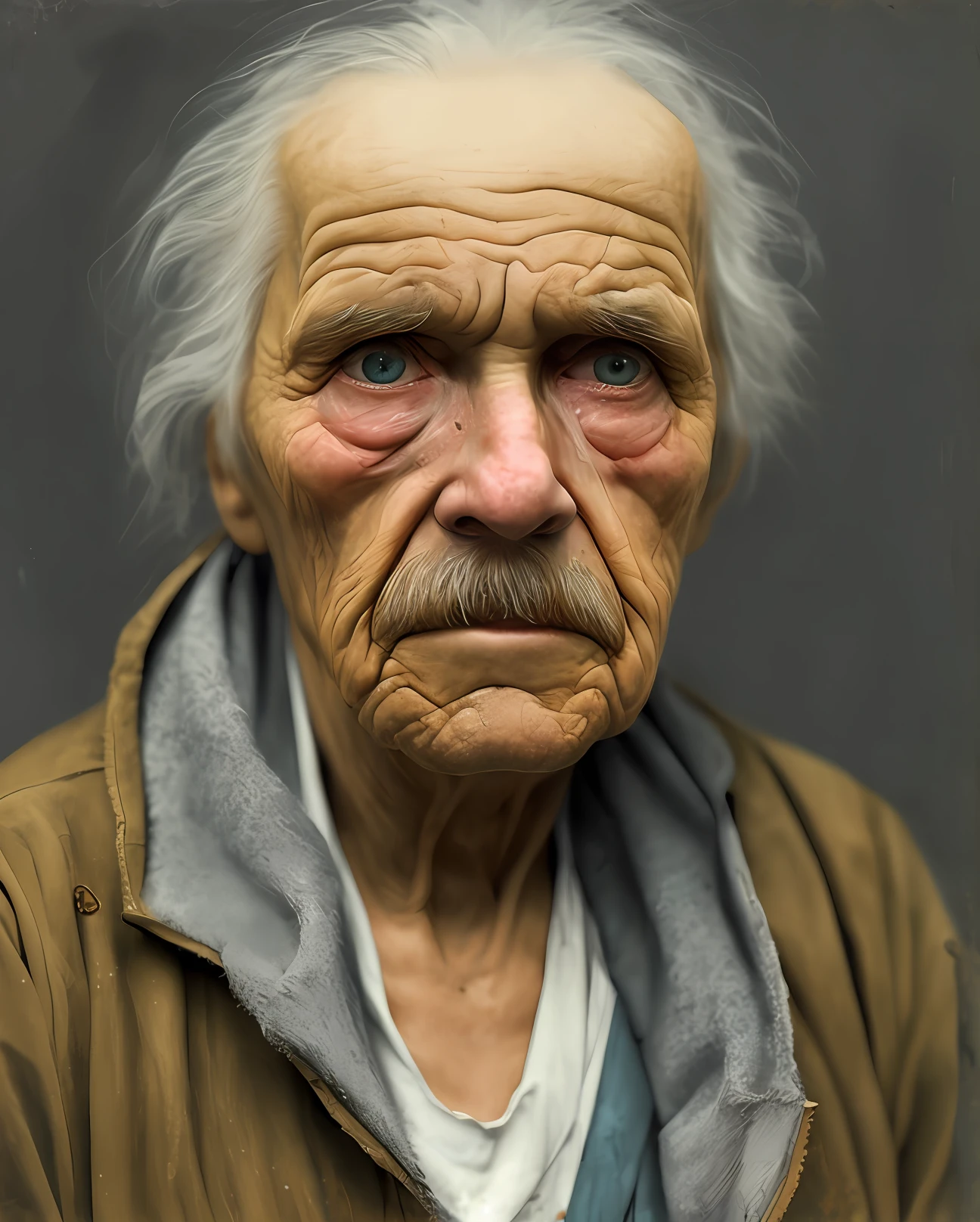 A portrait of poor russian 1800 old worker in rags, ((overwhelming fatigue )), wrinkles of age, concept art, oil pastel painting , moody gray colors , gritty, messy stylestyle of Alexey Savrasov, Ivan Shishkin, Ilya Repin, (cel shaded:1.2), 2d, (oil painting:1.2) highly detailed
