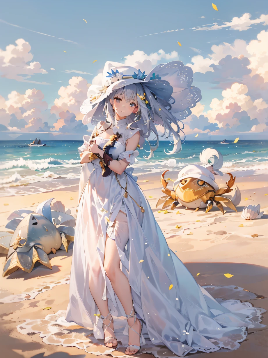 ,masterpiece, best quality,8k, ultra highres,Evening on the beach,The beach is dotted with gorgeous shells and colorful marine life。The sea breeze blows on your face,The sound of the waves keeps reaching your ears。Woman in white dress,Cancer wearing a crab-shaped hat,Step on the soft sand with a smile,The soft sunlight shone on her,It gives a feeling of tranquility and warmth。