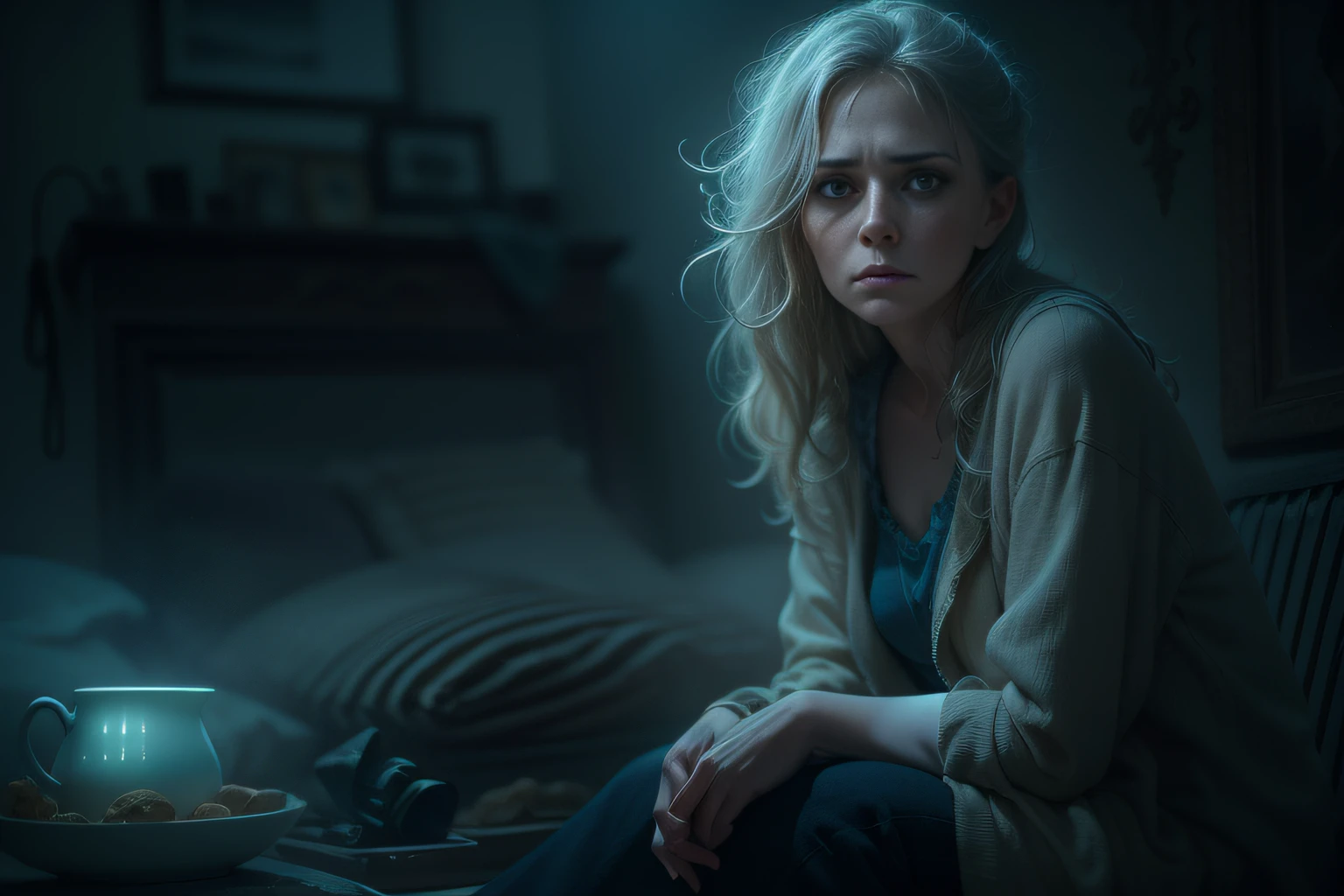 Create a visibly depressed and emotional mother image. Use realism to convey her feelings. Depicting her in a dimly lit home environment, And use cold tones and dark atmosphere to enhance the emotional impact of the scene. Mother's clothes should be everyday,Unkempt appearance,Further emphasize the realism of the scene. Digital art software can be used to create this image, Bokeh, Photo, 8K, Dark, Dynamic action, pale washed out style, Shoot on the blue type, Cracked lenses, Dreamy nostalgia, Soft focus, dark halo, light leaks, Medium photography, Gloomy art painting ethereal, Whimsical, Coarse grain photos, Eye contact, author:Paul Zizka
