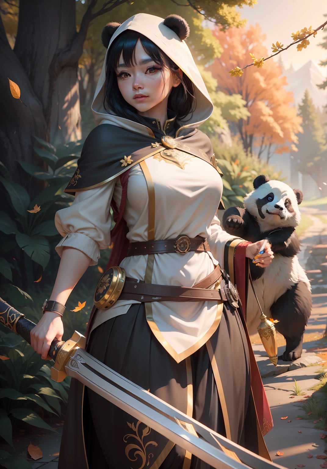 beautiful woman facing the camera black hair asian eyes, wearing a black and white panda hood holding a gleaming sword silver and gold Masterpiece, best quality, high quality, highly detailed CG unity 8k wallpaper beautiful landscape oil painting, award winning photography, bokeh, depth of field, HDR, bloom, chromatic aberration, photorealism, highly detailed, trending on artstation, on CGsociety Trending, intricate, high detail, dramatic, midjourney art and masterpiece, best quality, high quality, extremely detailed CG unity 8k wallpaper lush summer landscape with rolling green hills stretching towards the horizon, dotted with pink, yellow wildflowers, and purples, volumetric lighting and masterpiece, best quality, high quality, extremely detailed CG unity 8k wallpapers serene autumn landscape surrounded by trees in shades of golden yellow, fiery red and burnt orange. The crisp air is laced with the sweet aroma of fallen leaves and wood smoke. The ground is covered with a golden folia, cute panda in the background --auto