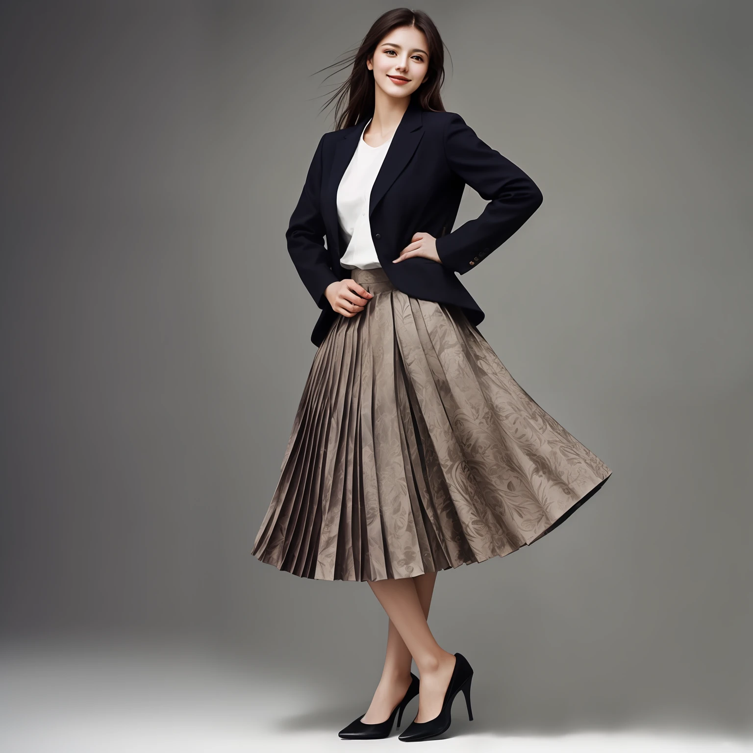 authentic (shy smiling) good woman wearing a short blazer with a very very detailed (long (fully pleated) full circle skirt) and (simple) low heeled office shoes, very very intricate hyper-detailed symmetric (attractive graceful young feminine face) with (sad, tired eyes and shy smile:1,1), large breasts, full of empathy and compassion and love, (pronounced (feminine) features), (highly detailed ultra accurate realistic) hands and fingers, (windy conditions and wind blowing), epic composition, highly detailed attributes, highly detailed atmosphere, (35mm f1.4 Kodak portra 400 photograph), extremely high quality RAW photograph, intricate, Exquisite details and textures,
