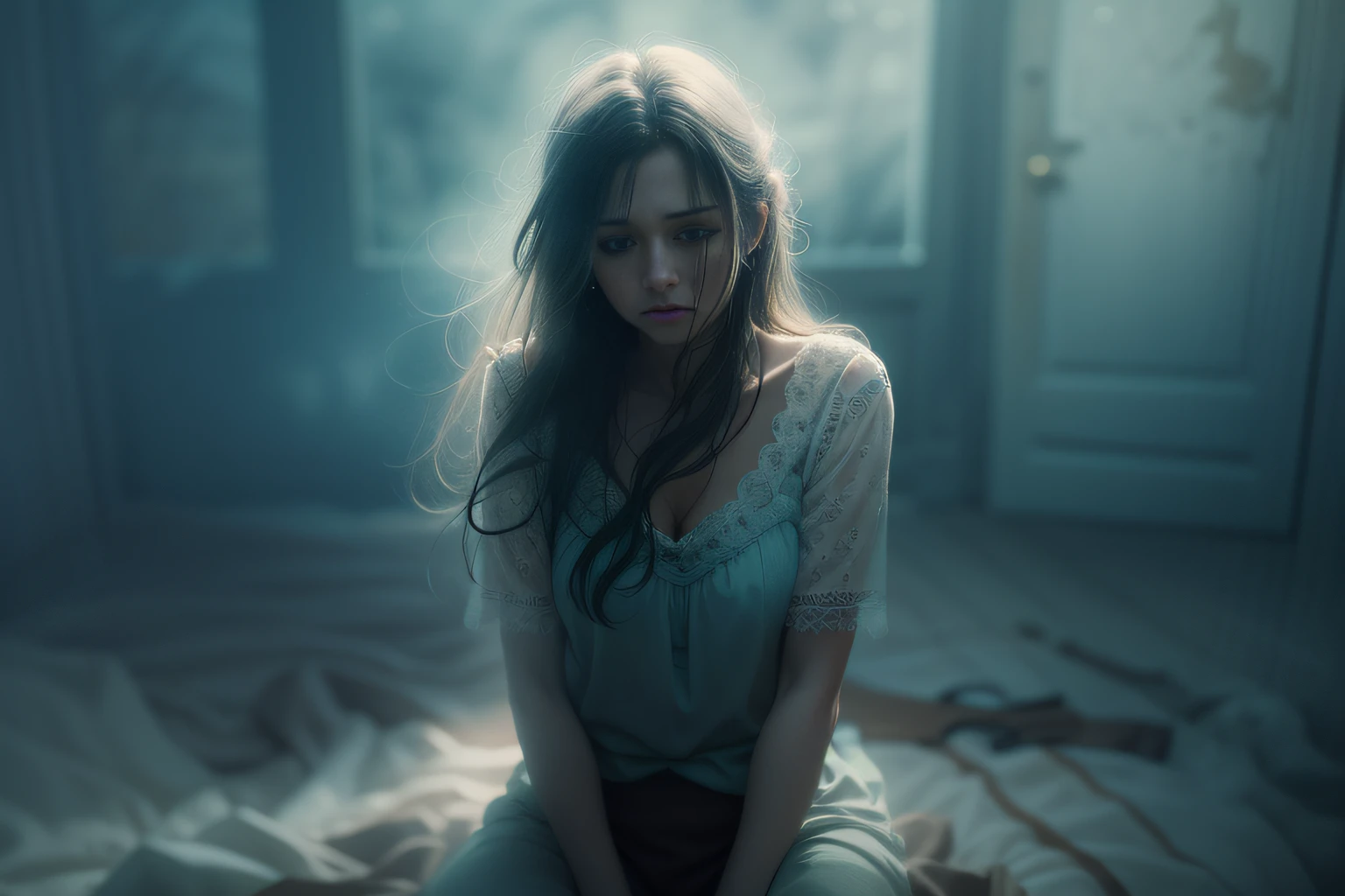 Create a visibly depressed and emotional mother image. Use realism to convey her feelings. Depicting her in a dimly lit home environment, And use cold tones and dark atmosphere to enhance the emotional impact of the scene. Mother's clothes should be everyday,Unkempt appearance,Further emphasize the realism of the scene. Digital art software can be used to create this image, Bokeh, Photo, 8K, Dark, Dynamic action, pale washed out style, Shoot on the blue type, Cracked lenses, Dreamy nostalgia, Soft focus, dark halo, light leaks, Medium photography, Gloomy art painting ethereal, Whimsical, Coarse grain photos, Eye contact, author:Paul Zizka
