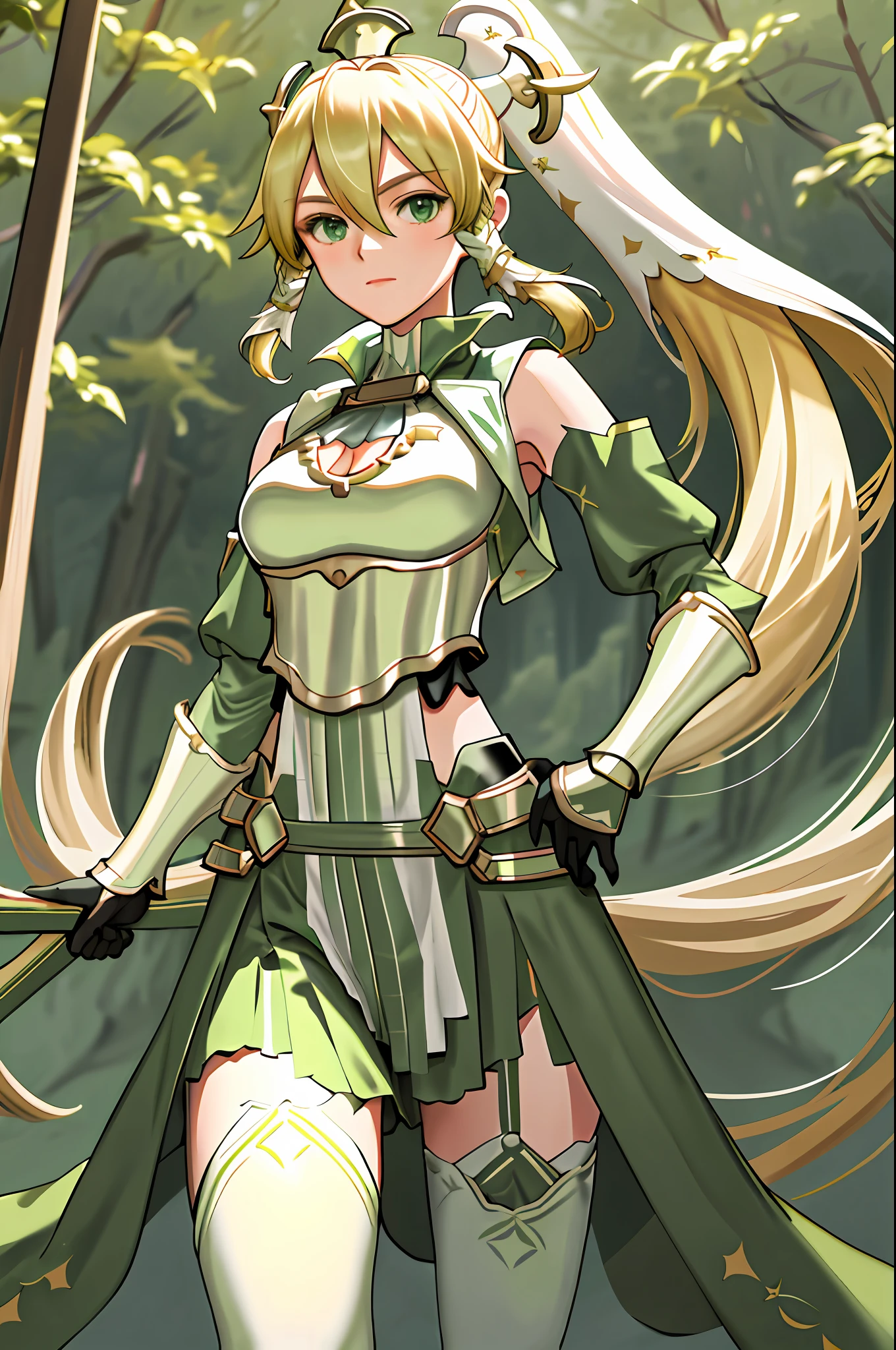 masterpiece, best quality, highres, 1girl leafa ponytail, breastplate detached sleeves green skirt white thighhighs hip vent standing