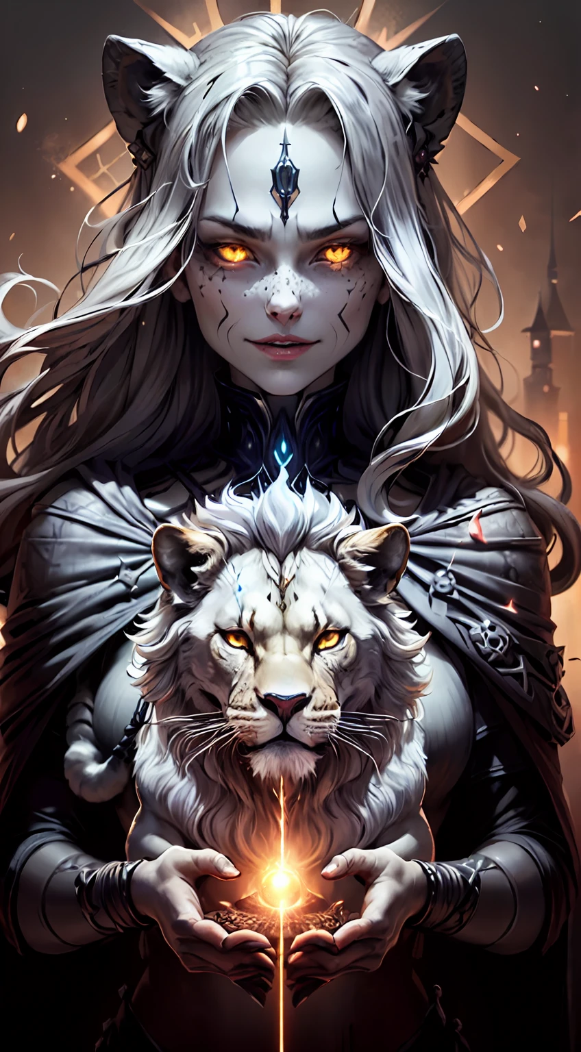 Magic, Leo, zodiac sign, forest, castle, adult (elven:0.7) woman, lion, freckles, yellow eyes, gray long hair,looking up, detailed background, detailed face, (V0id3nergy, void theme:1.1), (glowing eyes:1.05), dilated pupils, summoner, unholy, intricate necromancer clothes, amulet, conjuring, movement, evil smile, ritual, pentagram, surrounded by dark dark magical inscriptions, red swirling summoning energy,calling forth evil power, tower background, dark glowing aura, ethereal atmosphere, (and a lion next to them), mysterious, brave, powerful, and guardian