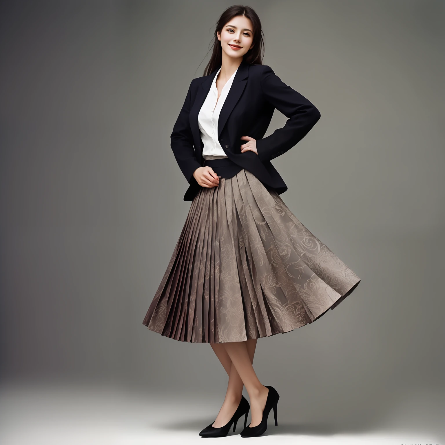 authentic (shy smiling) good woman wearing a short blazer with a very very detailed (long (fully pleated) full circle skirt) and (simple) low heeled office shoes, very very intricate hyper-detailed symmetric (attractive graceful young feminine face) with (sad, tired eyes and shy smile:1,1), large breasts, full of empathy and compassion and love, (pronounced (feminine) features), (highly detailed ultra accurate realistic) hands and fingers, (windy conditions and wind blowing), epic composition, highly detailed attributes, highly detailed atmosphere, (35mm f1.4 Kodak portra 400 photograph), extremely high quality RAW photograph, intricate, Exquisite details and textures,