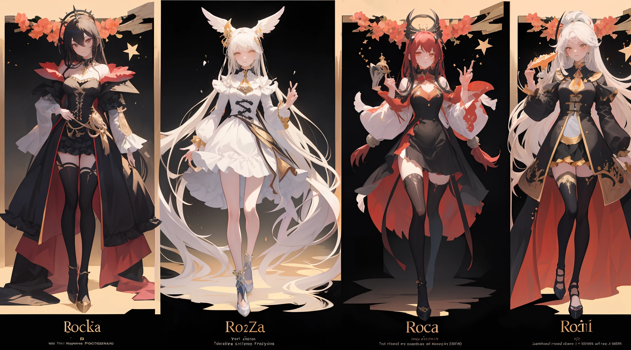 Three-view of roles,character design,Character design,Three View,full bodyesbian,frontage,Lateral face,on back,Set,ta prostitute,Very gorgeous,Maximalism,extreme hight detail,RococoStyle,Super long hair,Complex accessories,Complex hairstyles,Jewelled