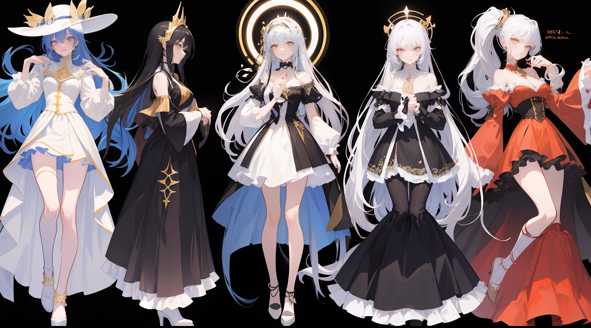 Three-view of roles,character design,Character design,Three View,full bodyesbian,frontage,Lateral face,on back,Set,Lolita prostitute,Very gorgeous,Maximalism,extreme hight detail,RococoStyle,Super long hair,Complex accessories,Complex hairstyles,Jewelled
