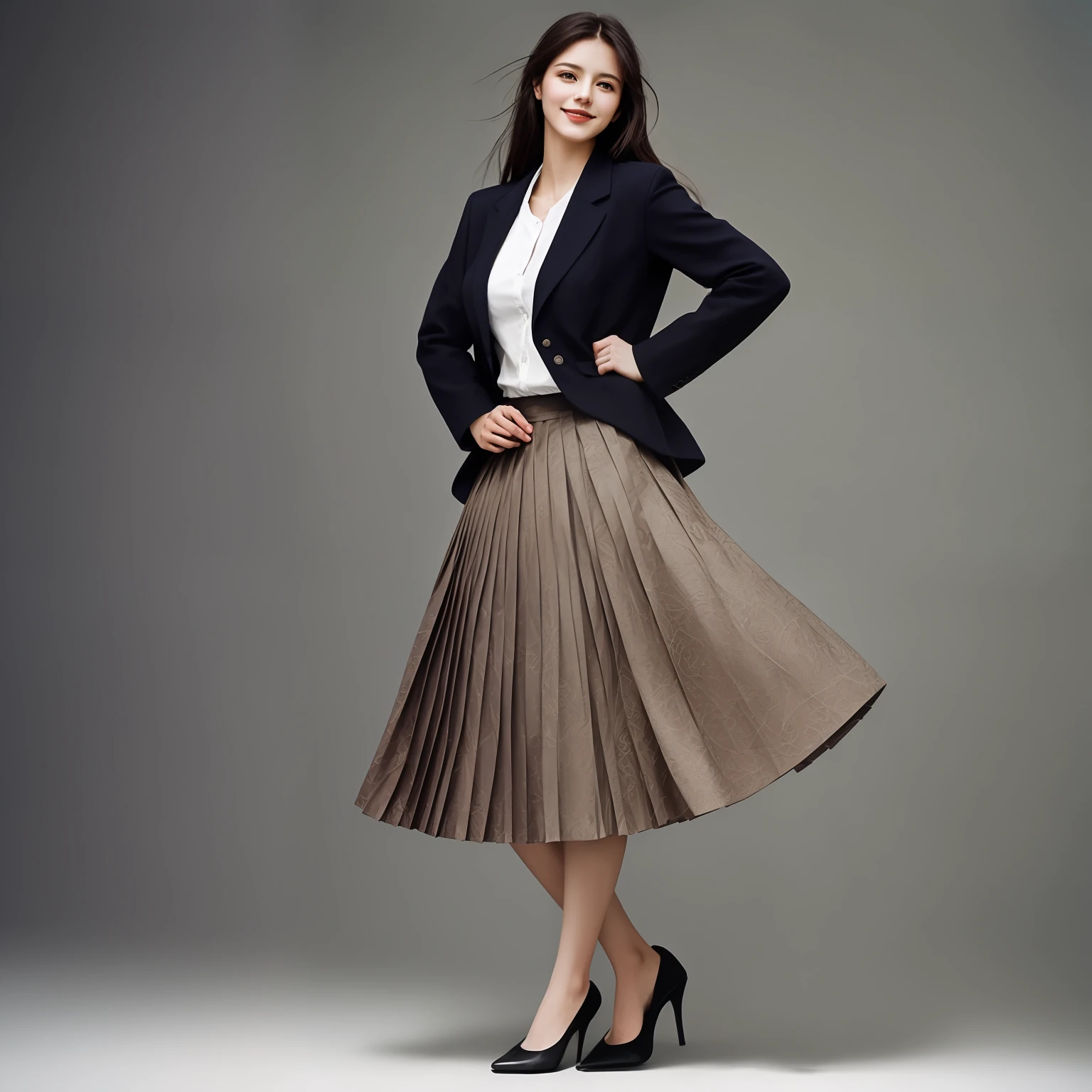 authentic (shy smiling) good woman wearing a short blazer with a very very detailed (long (fully pleated) full circle skirt) and (simple) low heeled office shoes, very very intricate hyper-detailed symmetric (attractive graceful young feminine face) with (sad, tired eyes and shy smile:1,1), large breasts, full of empathy and compassion and love, (pronounced (feminine) features), (highly detailed ultra accurate realistic) hands and fingers, (windy conditions and wind blowing), epic composition, highly detailed attributes, highly detailed atmosphere, (35mm f1.4 Kodak portra 400 photograph), extremely high quality RAW photograph, intricate, Exquisite details and textures,