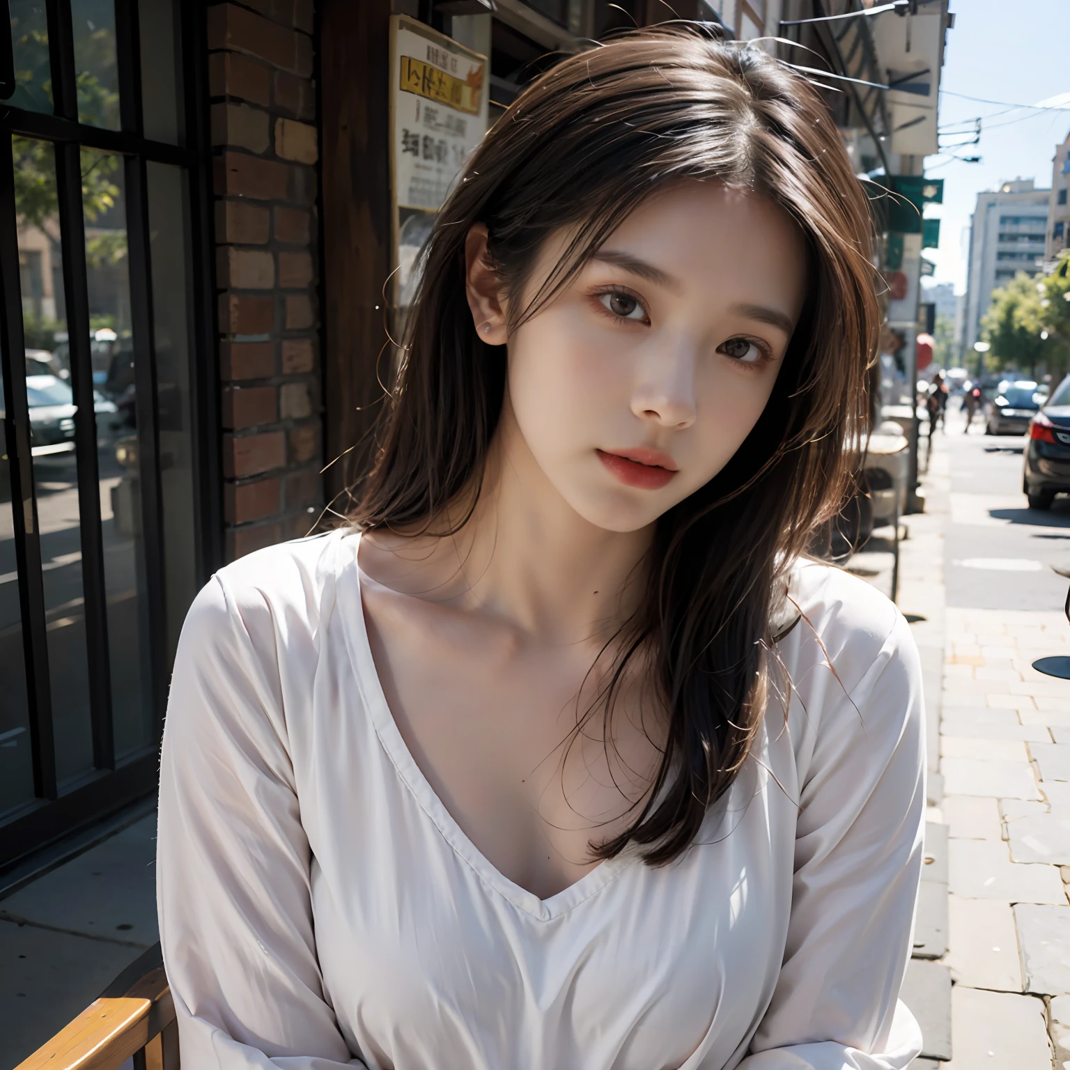 best qualtiy,tmasterpiece,超高分辨率,(realisticlying:1.4),RAW photogr,(Evening street),(1个Giant Breast Girl),黑The eye,long whitr hair,Light makeup,cparted lips,tiny ears,whitet-shirt,(Beautiful Women with Perfect Figure:1.4), ( Huge breasts:1.6), Pure desire,(exteriors,beachside:1.1),the city street,Ultra-fine face,Fine eyes,二重まぶた ,long leges, Solo,The eyes are melancholy,fully body photo,Cowboy shot, in a panoramic view,
