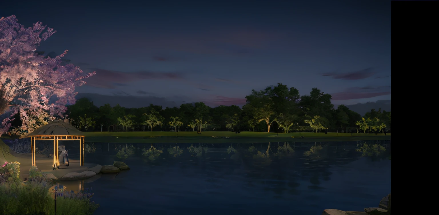 There is a gazebo by the lake,A tree in the background, nighttime foreground, night time render, beautifully lit landscape, scenic view at night, nighttime nature landscape, photorealistic landscapes, Rendered in Lumion Pro, high res eautiful lighting, beautiful landscape rendering, cinematic outdoor lighting, paisible night lighting, Subtle and eye-catching lighting