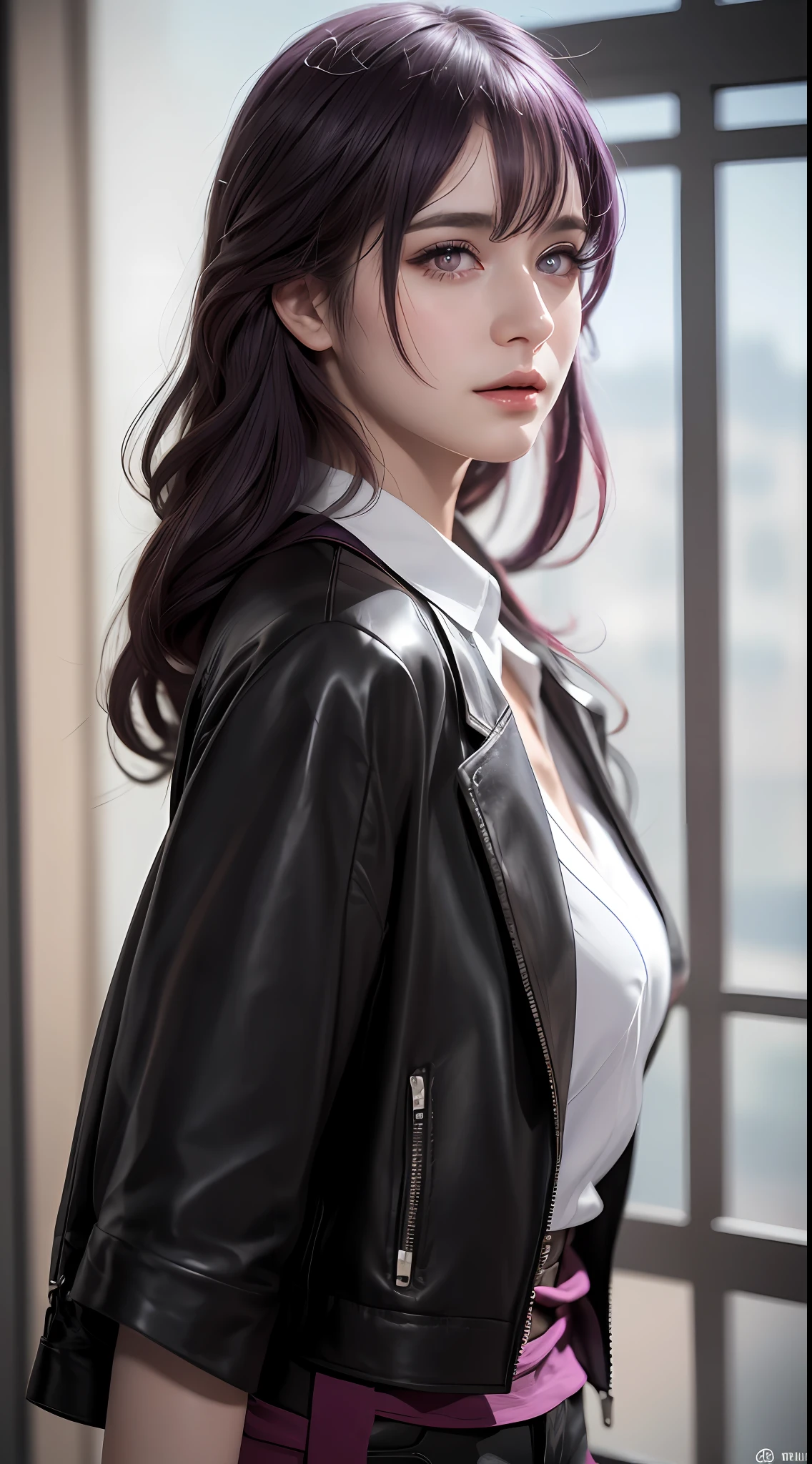 (photorealistic:1.4), raw photo, 1girl, purple eyes, purple hair, (eyewear on head), stellaron hunters outfit,  black jacket, jacket on shoulders, shirt, shorts, pantyhose, boots,deep shadow,  detailed face, detailed eyes, depth of field, bokeh, vibrant details, finely detailed, hyperrealistic, 35mm film, hazy blur,upper body,, masterpiece,ultra realistic,32k,extremely detailed CG unity 8k wallpaper, best quality