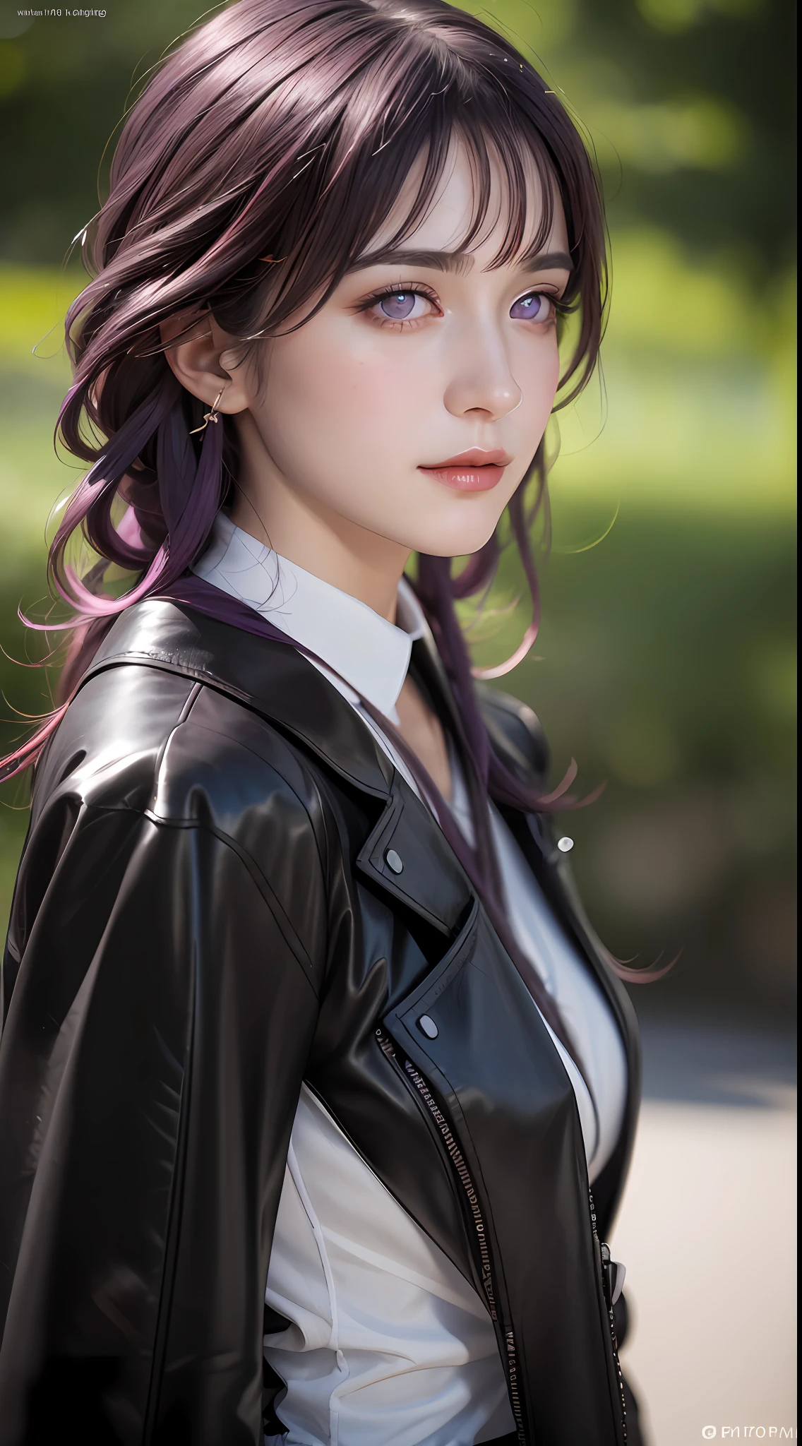 (photorealistic:1.4), raw photo, 1girl, purple eyes, purple hair, (eyewear on head), stellaron hunters outfit,  black jacket, jacket on shoulders, shirt, shorts, pantyhose, boots,deep shadow,  detailed face, detailed eyes, depth of field, bokeh, vibrant details, finely detailed, hyperrealistic, 35mm film, hazy blur,upper body,, masterpiece,ultra realistic,32k,extremely detailed CG unity 8k wallpaper, best quality