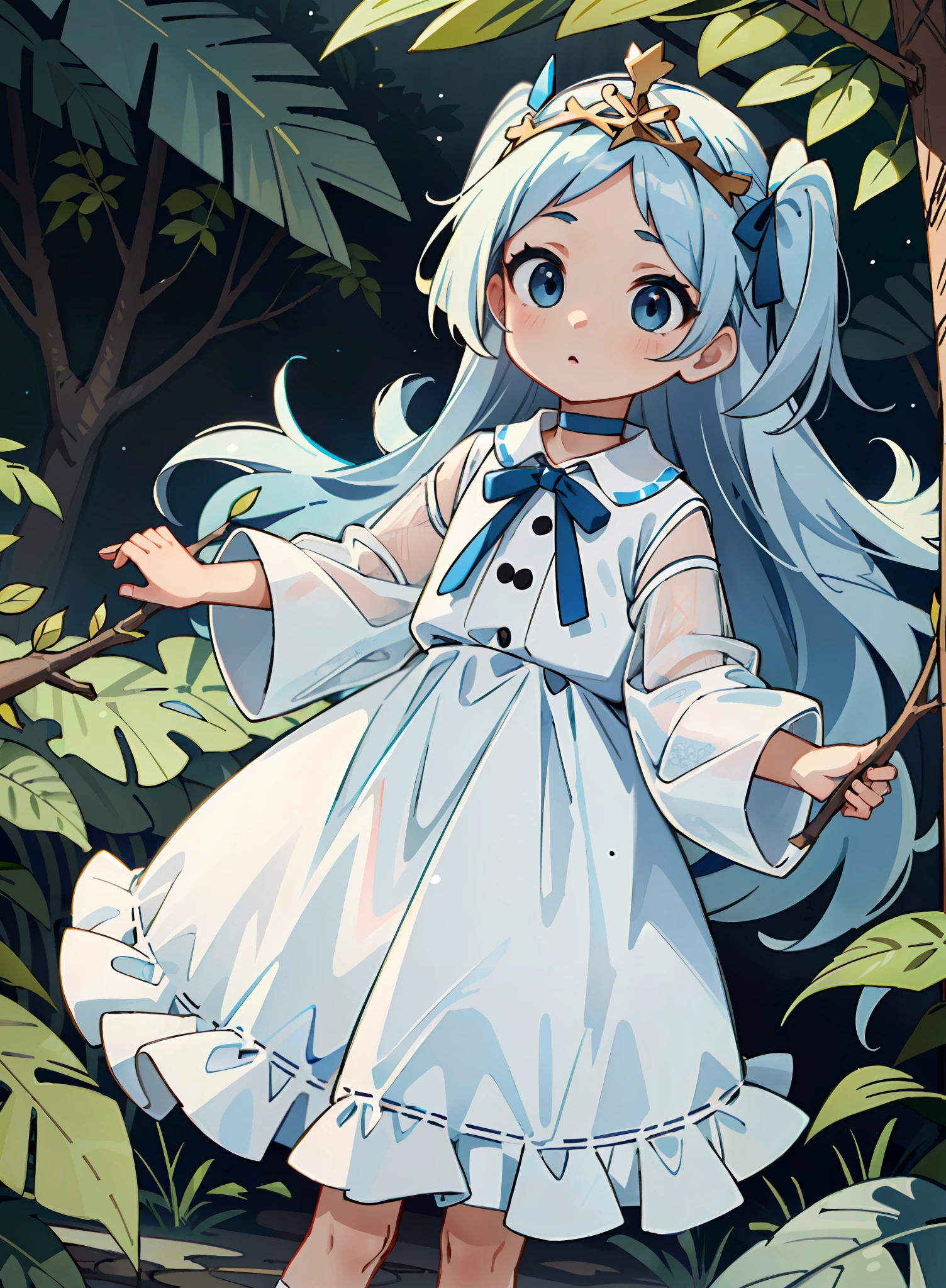 best quality:1.4, very long eyes, very huge eyes, (child:1.4),([silver mesh:blue mesh:0.4]:1.4) hair,(long two side up:1.4) hair,(branch tiara:1.2),parted bangs, (white dress:1.2),skirt,buttons, choker,ribbon,long_sleeves,blue eyes,
