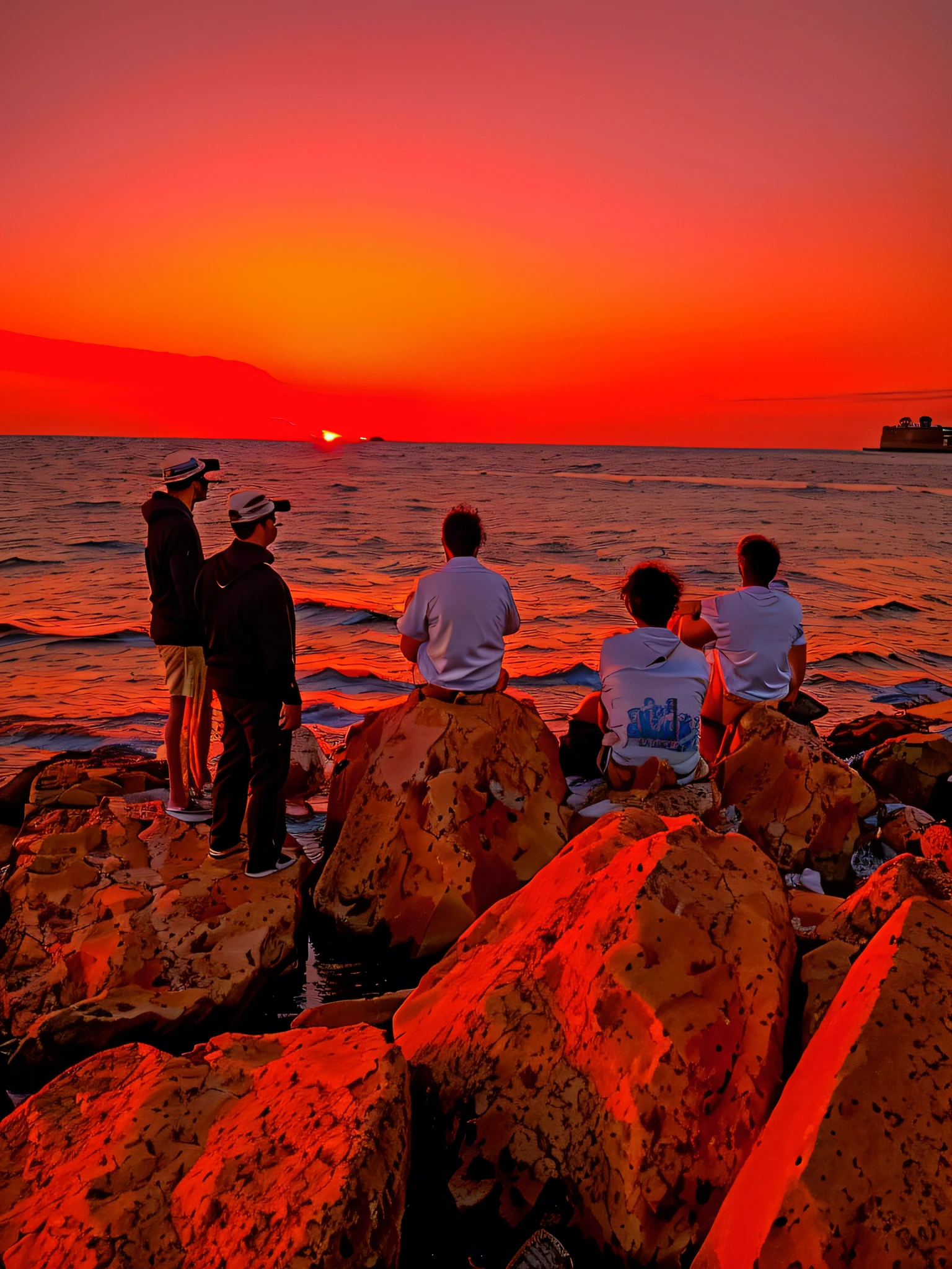 Several people sit on the rocks and watch the sunset over the water, late sunset, With sunset, watching the sunset, late sunset, prime time, bts, gazing at the water, the ocean in the background, with a sunset, watching the sunset, during sunrise, taken at golden hour, the ocean in the background, In the sunset, at beach at sunset --auto