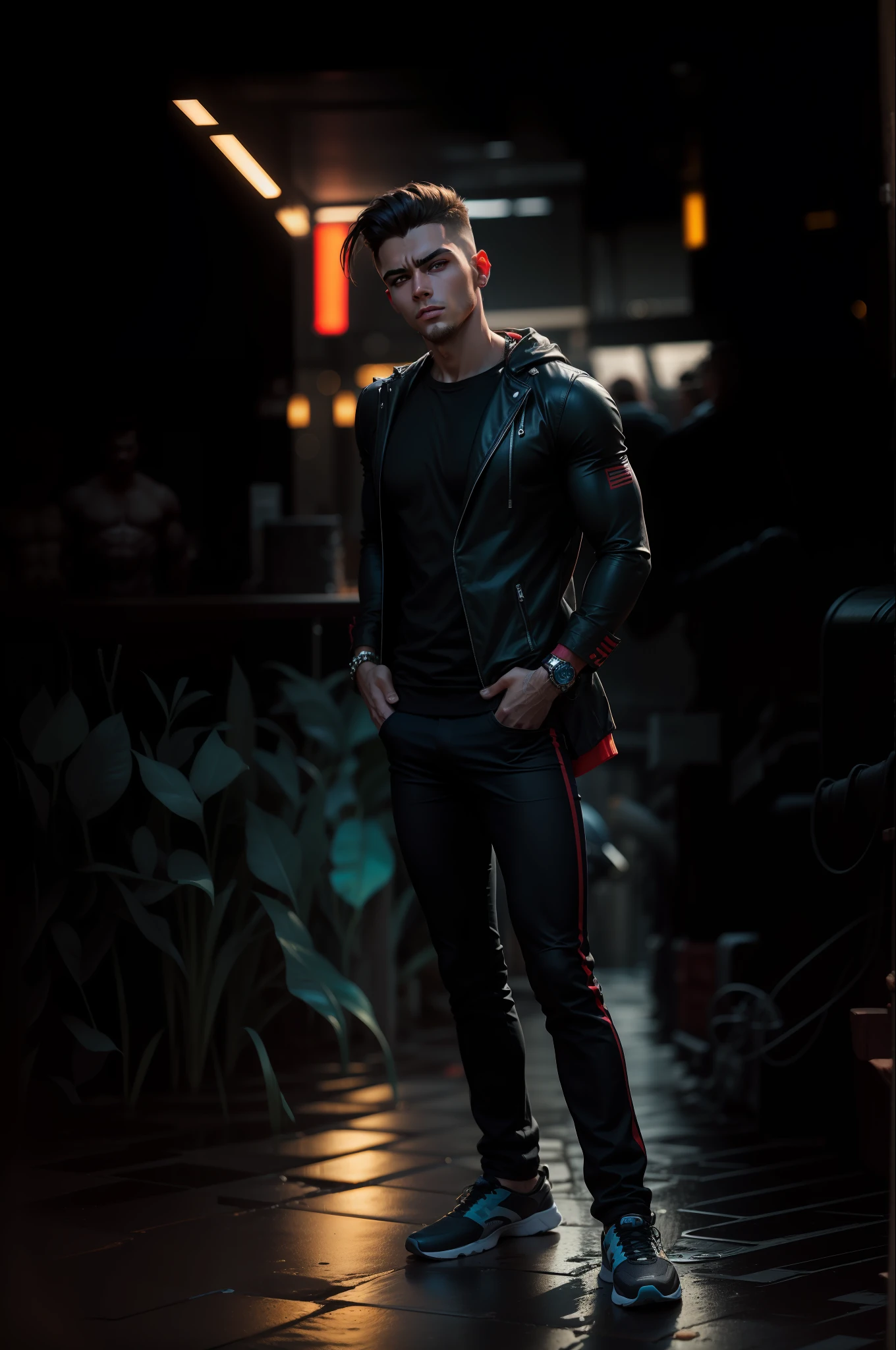 Background calourfull change cyberpunk Handsome boy realistic ultra stylish shoes body builder and left side beautiful girl