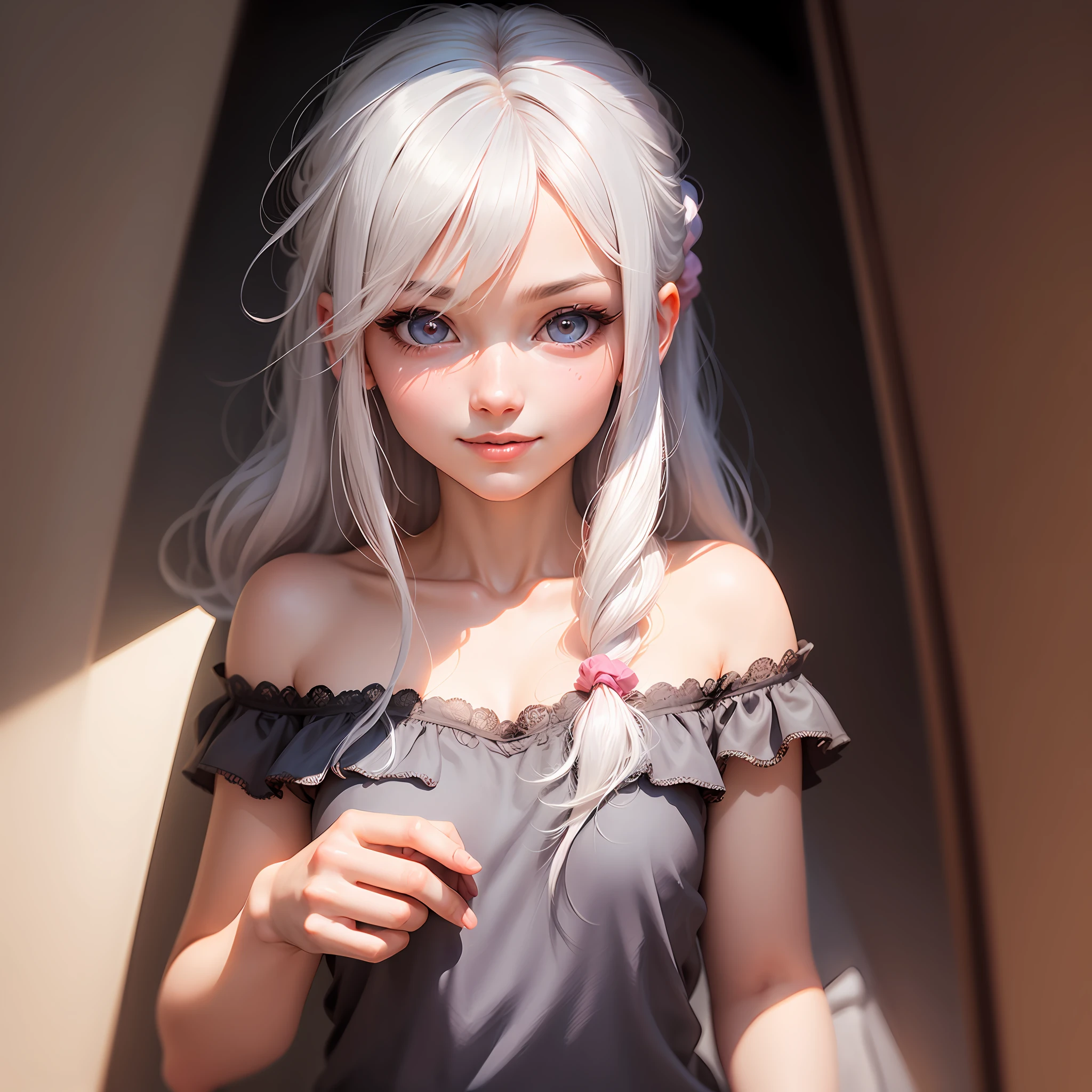 white hair, hair between eyes, hair scrunchie, color contact lenses, light smile, shy, blush, parted lips, tsundere, light blush, nose blush, Surrealism, chiaroscuro, god rays, ray tracing, stereogram, multiple views, Eye-Level Shot --auto